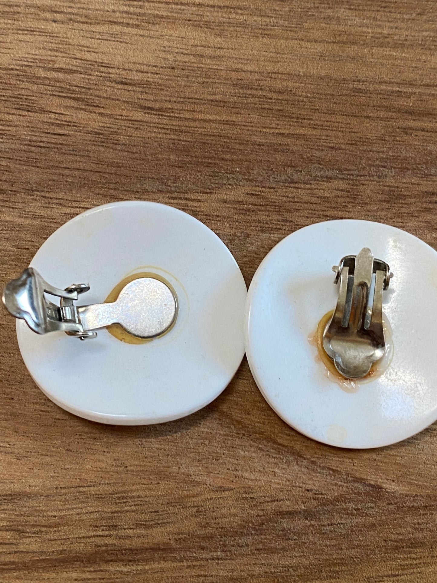 Vintage white and green confetti button clip on earrings