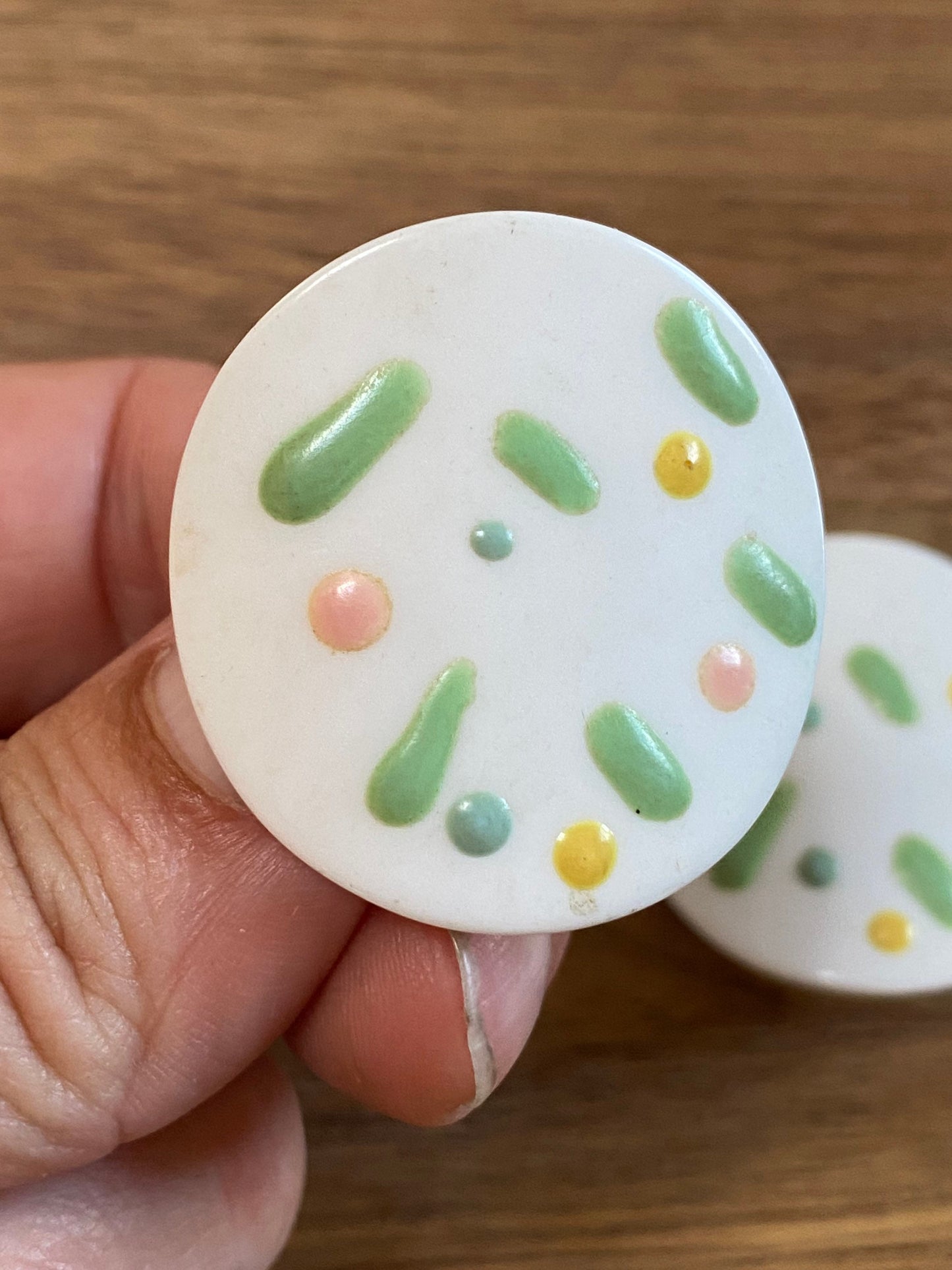 Vintage white and green confetti button clip on earrings