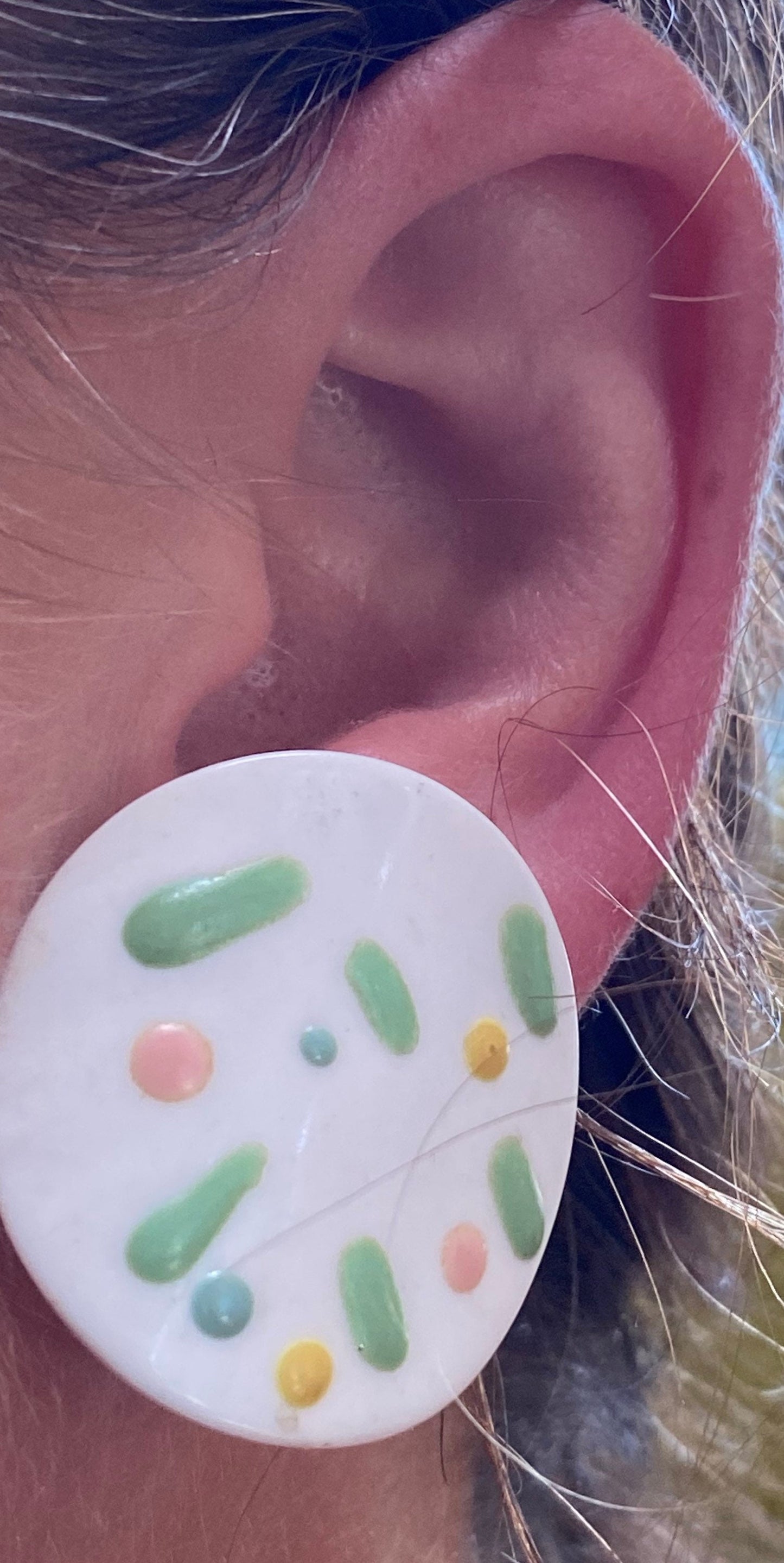 Vintage white and green confetti button clip on earrings