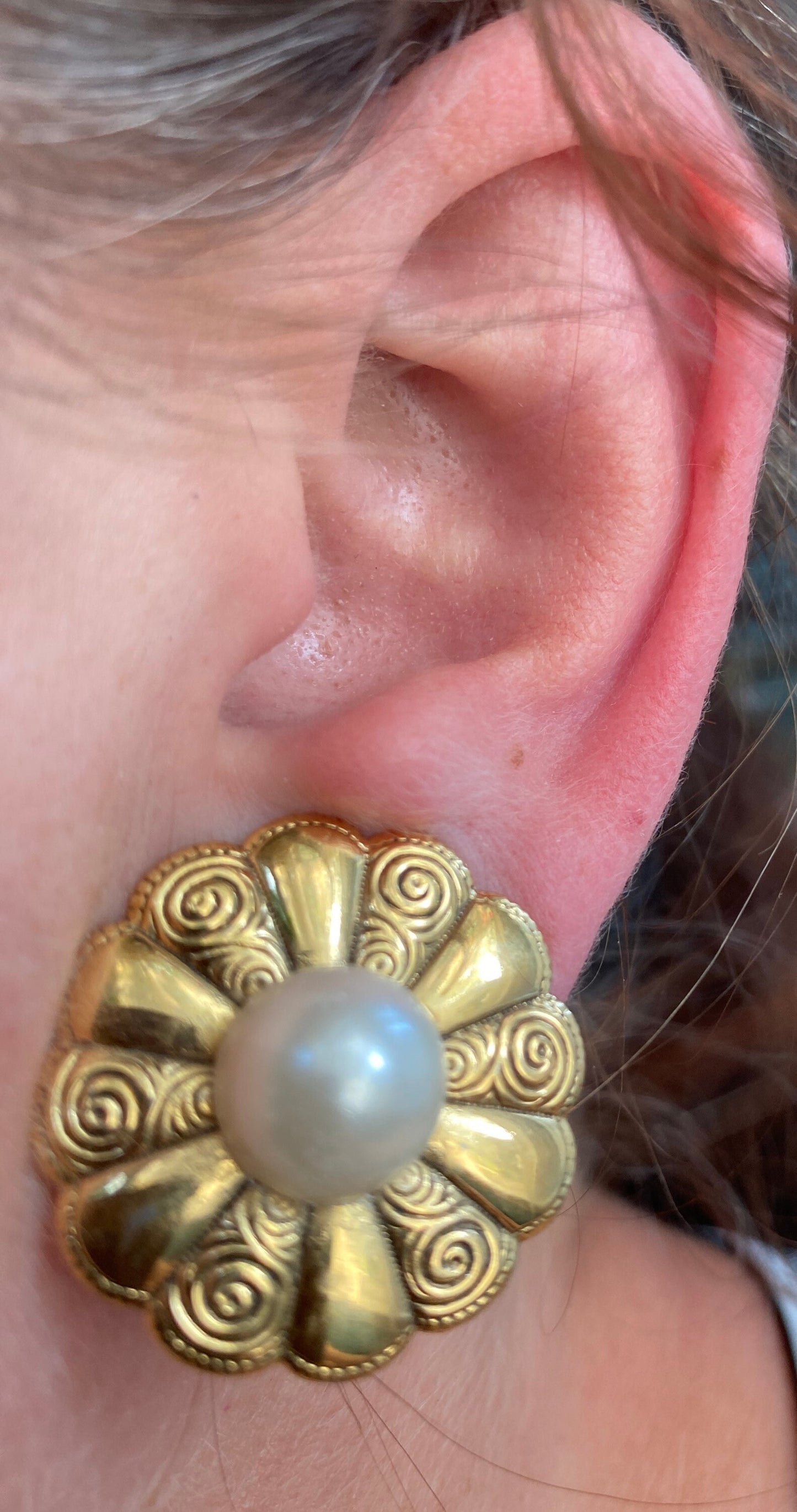 Vintage gold and faux pearl flower medallion  clip on earrings.