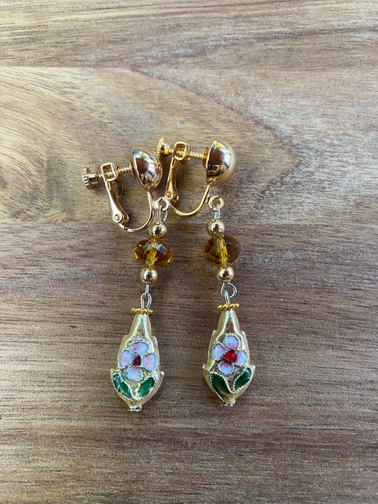 Dangling beaded cloisonne floral clip on or screwback earrings |no pierce | dangling clip on earrings