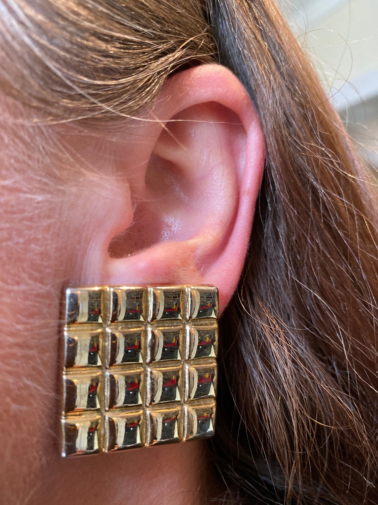 Vintage gold square clip on earrings with waffle texture