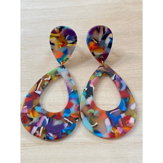 dangling rainbow tortiseshell teardrop shaped clip on hoops