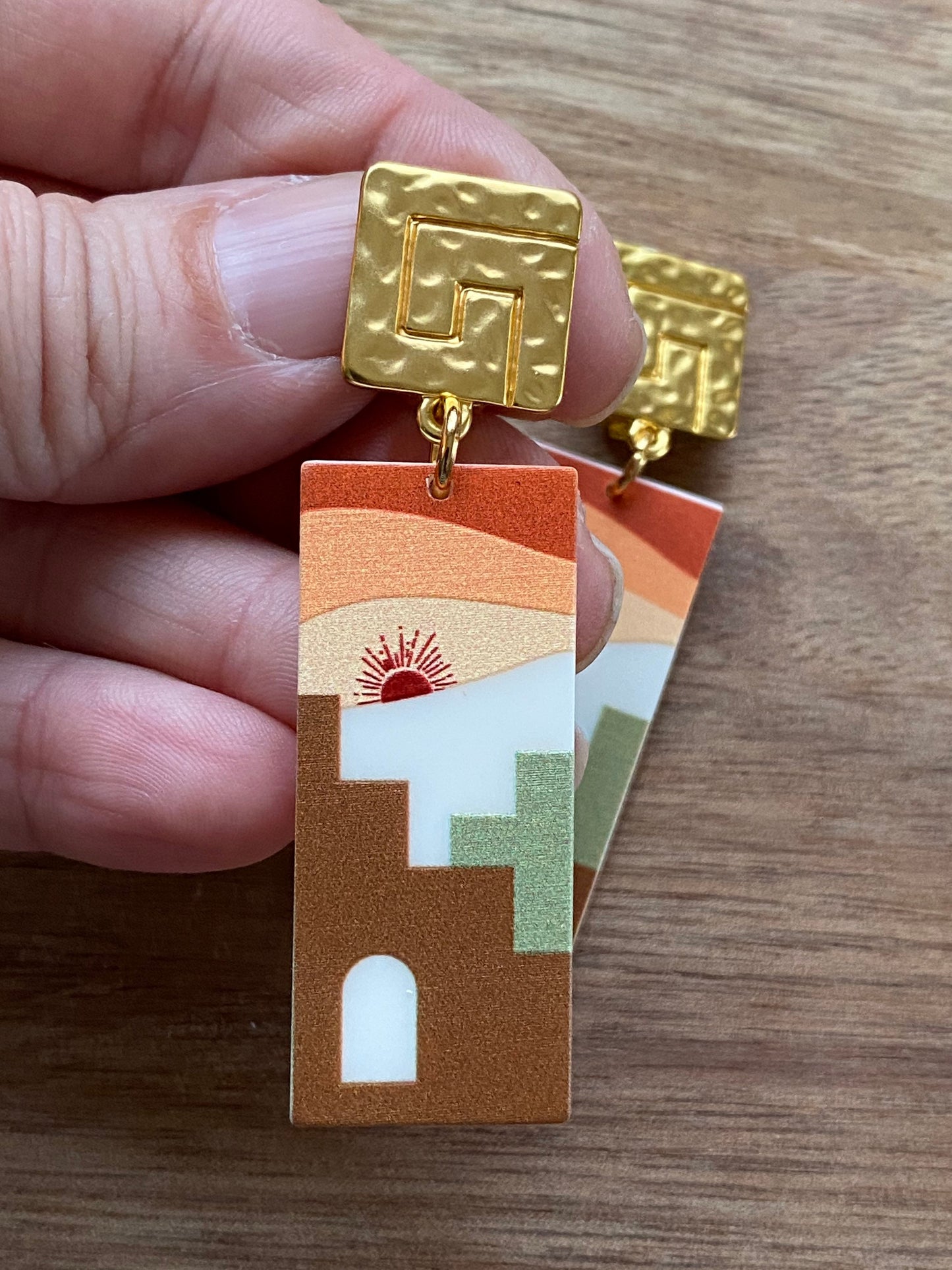 Trendy dangling plastic rectangular abstract earrings, brown sunrise, blue floral or white daisy clip on earrings