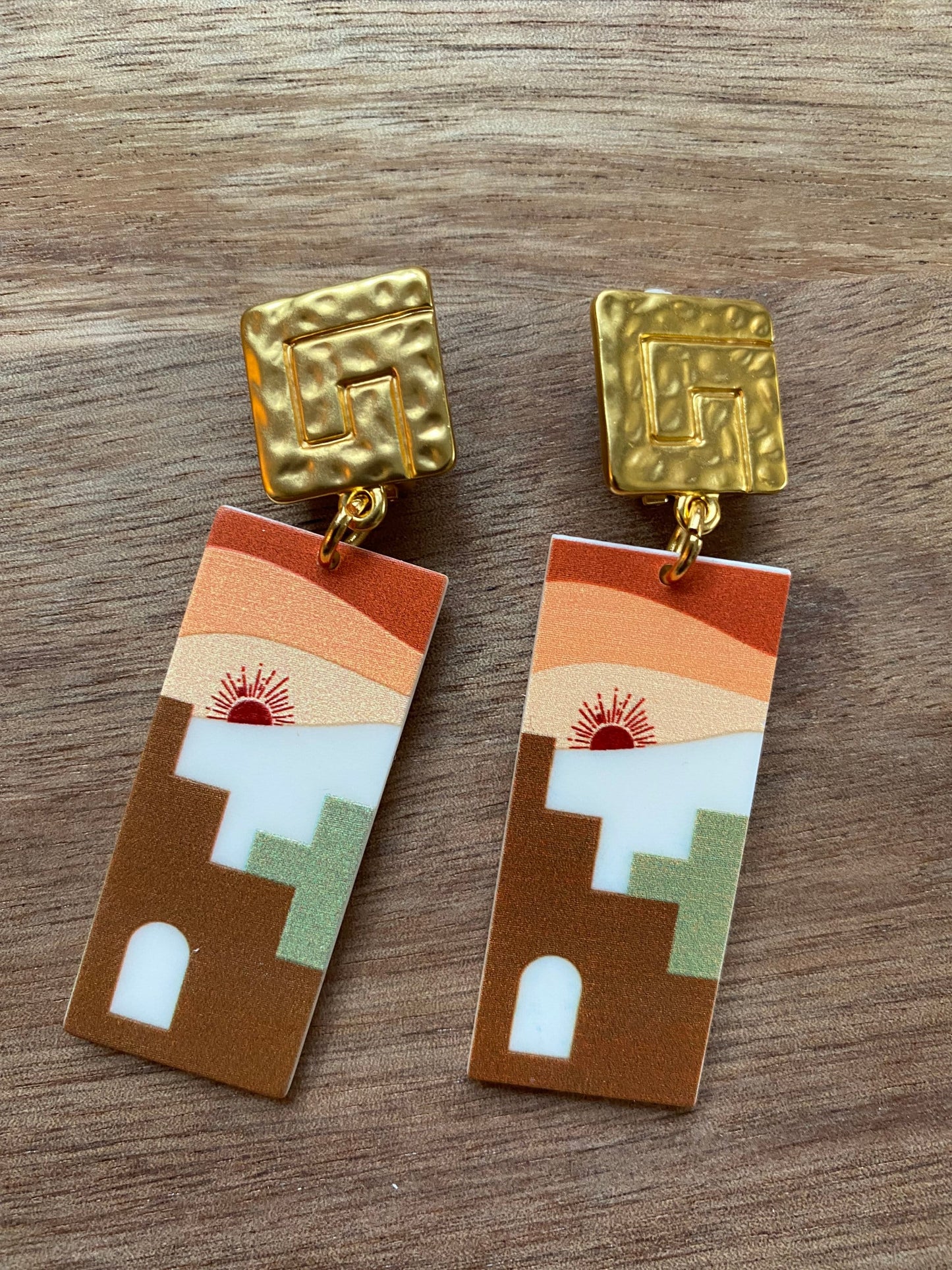 Trendy dangling plastic rectangular abstract earrings, brown sunrise, blue floral or white daisy clip on earrings