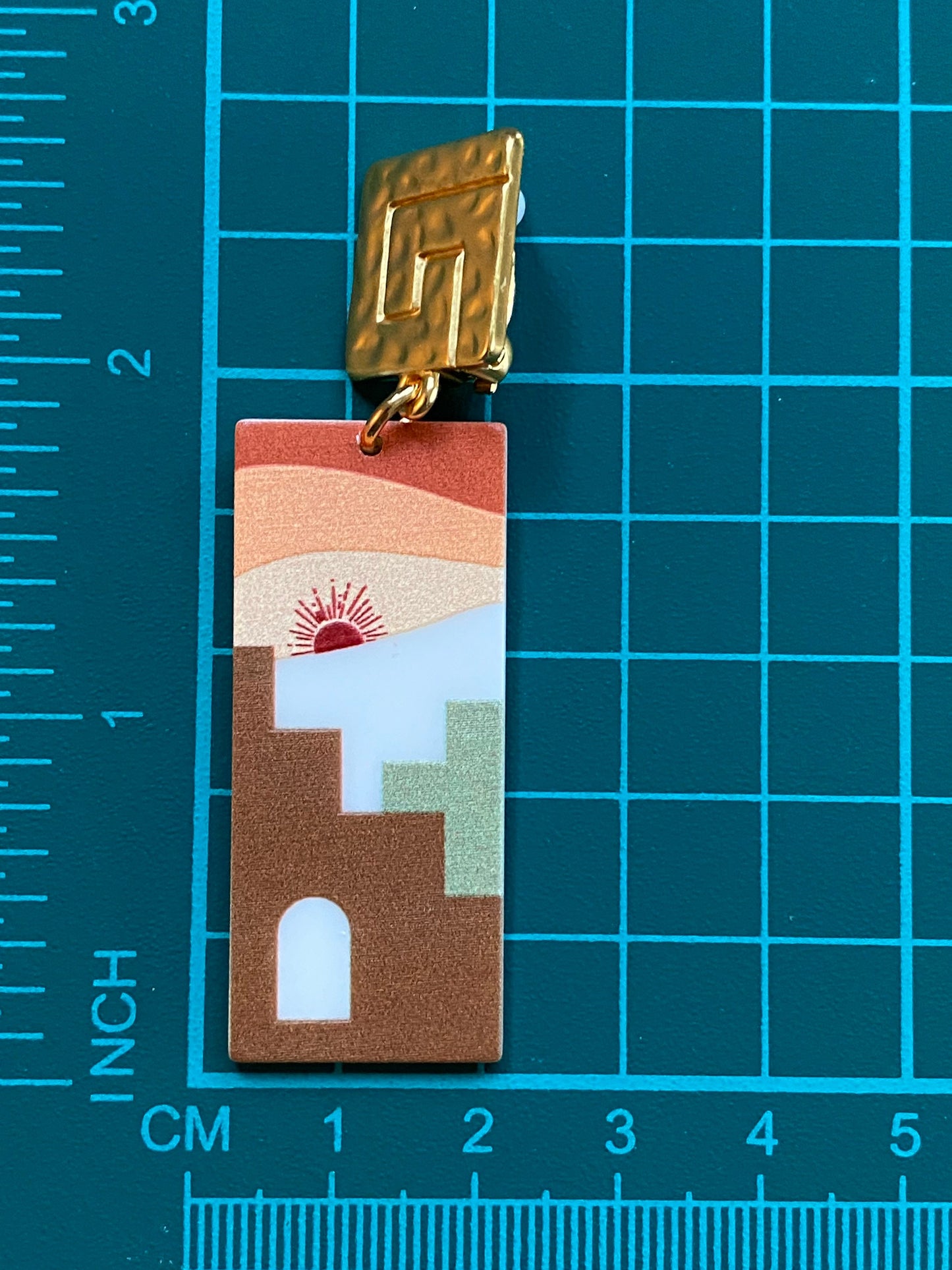 Trendy dangling plastic rectangular abstract earrings, brown sunrise, blue floral or white daisy clip on earrings