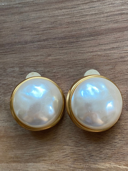 Vintage faux pearl cabochon clip on earrings, giant pearl clip ons