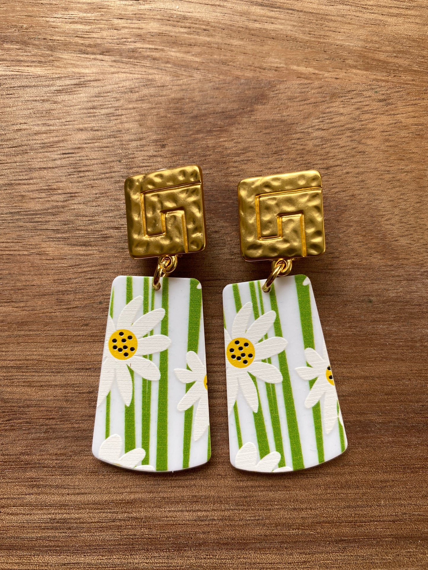 Trendy dangling plastic rectangular abstract earrings, brown sunrise, blue floral or white daisy clip on earrings