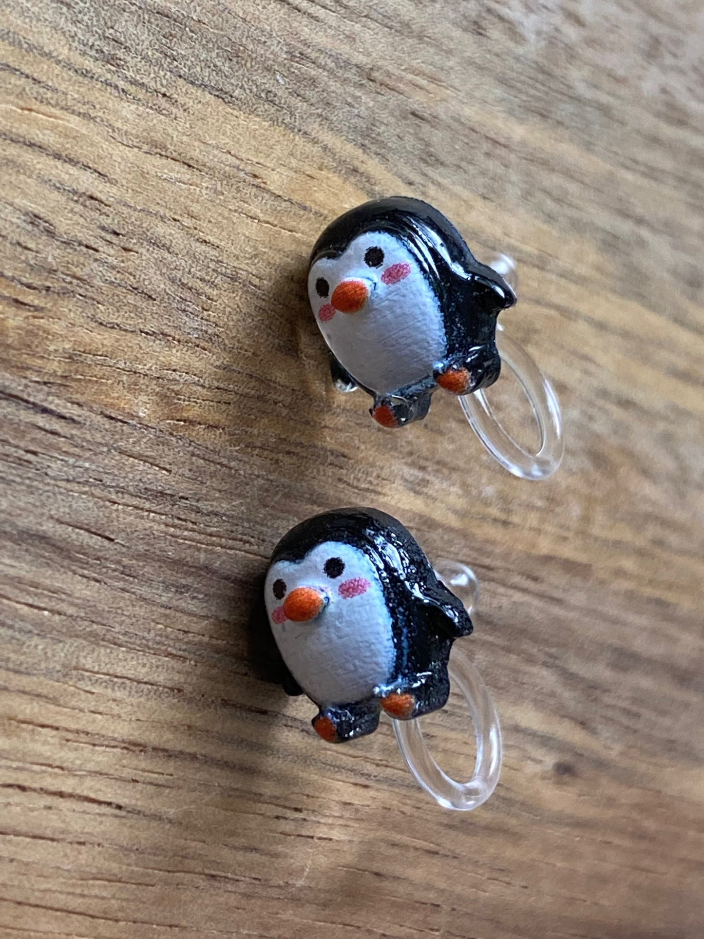 Tiniest little penguin invisible clip on earrings, blue penguin earrings, no pierce earrings for unpierced ears
