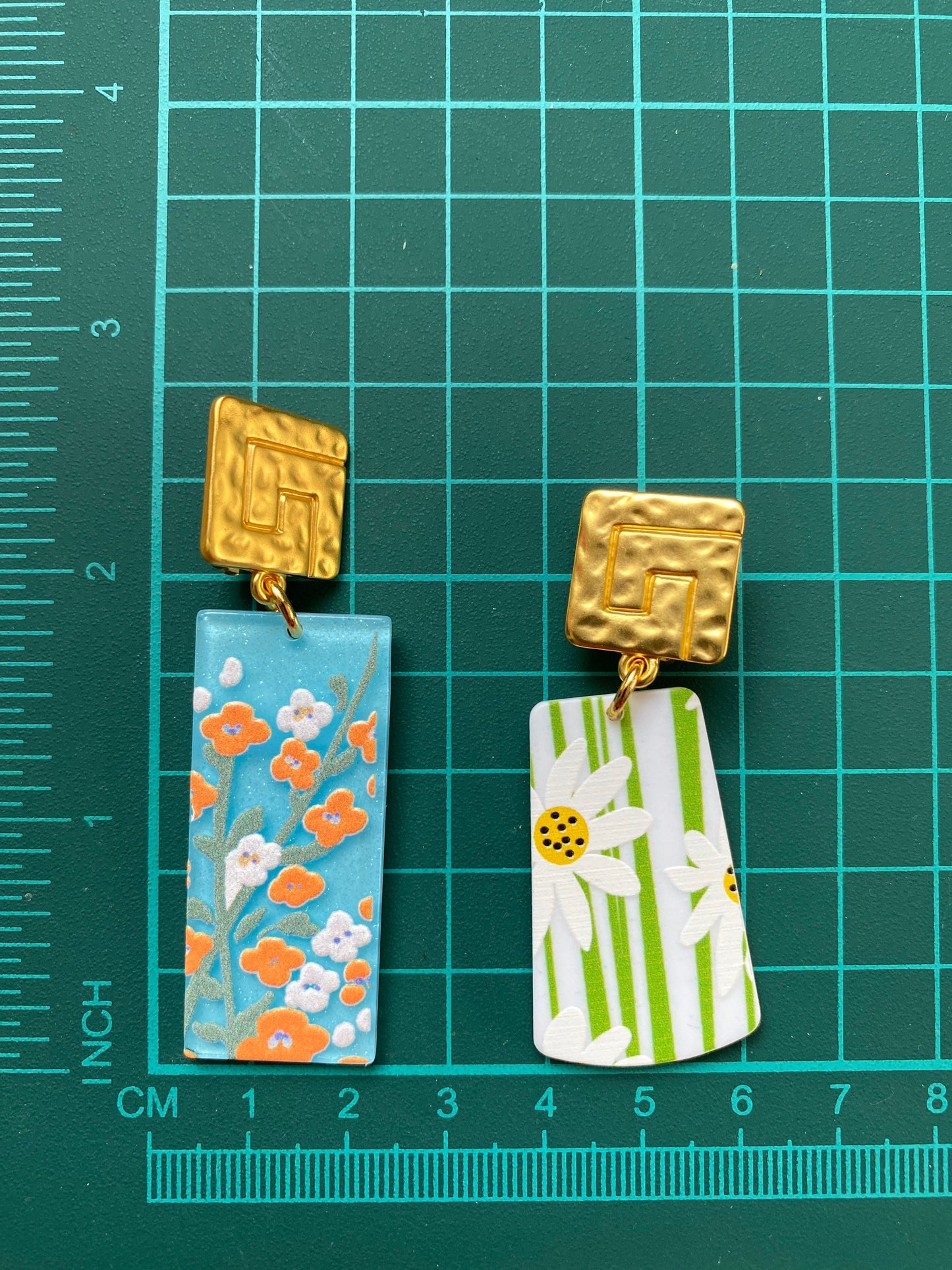 Trendy dangling plastic rectangular abstract earrings, brown sunrise, blue floral or white daisy clip on earrings