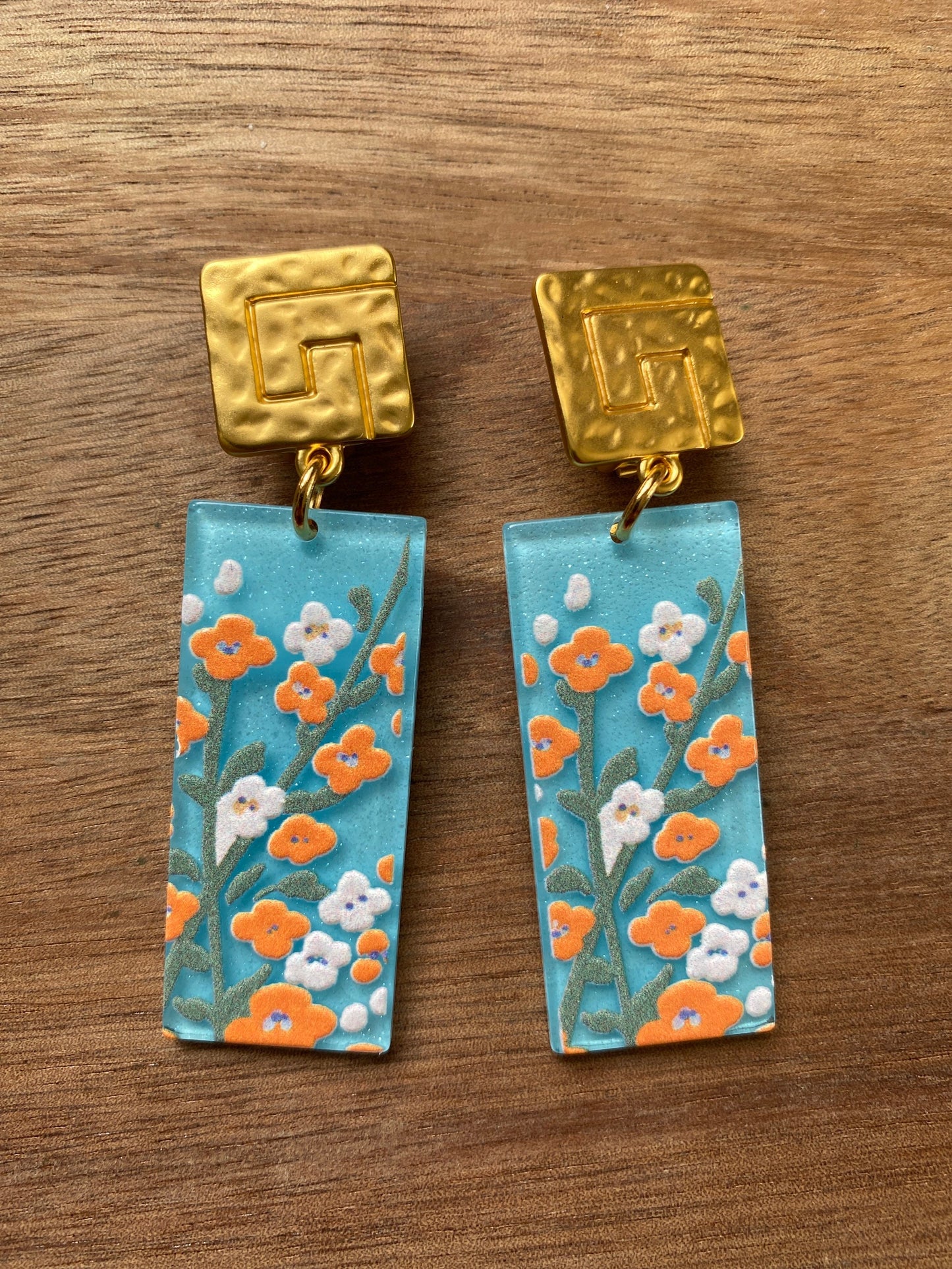 Trendy dangling plastic rectangular abstract earrings, brown sunrise, blue floral or white daisy clip on earrings