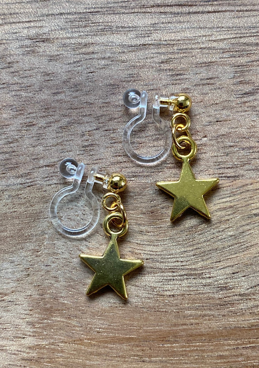 dangling star earrings, tiny invisible clip on earrings