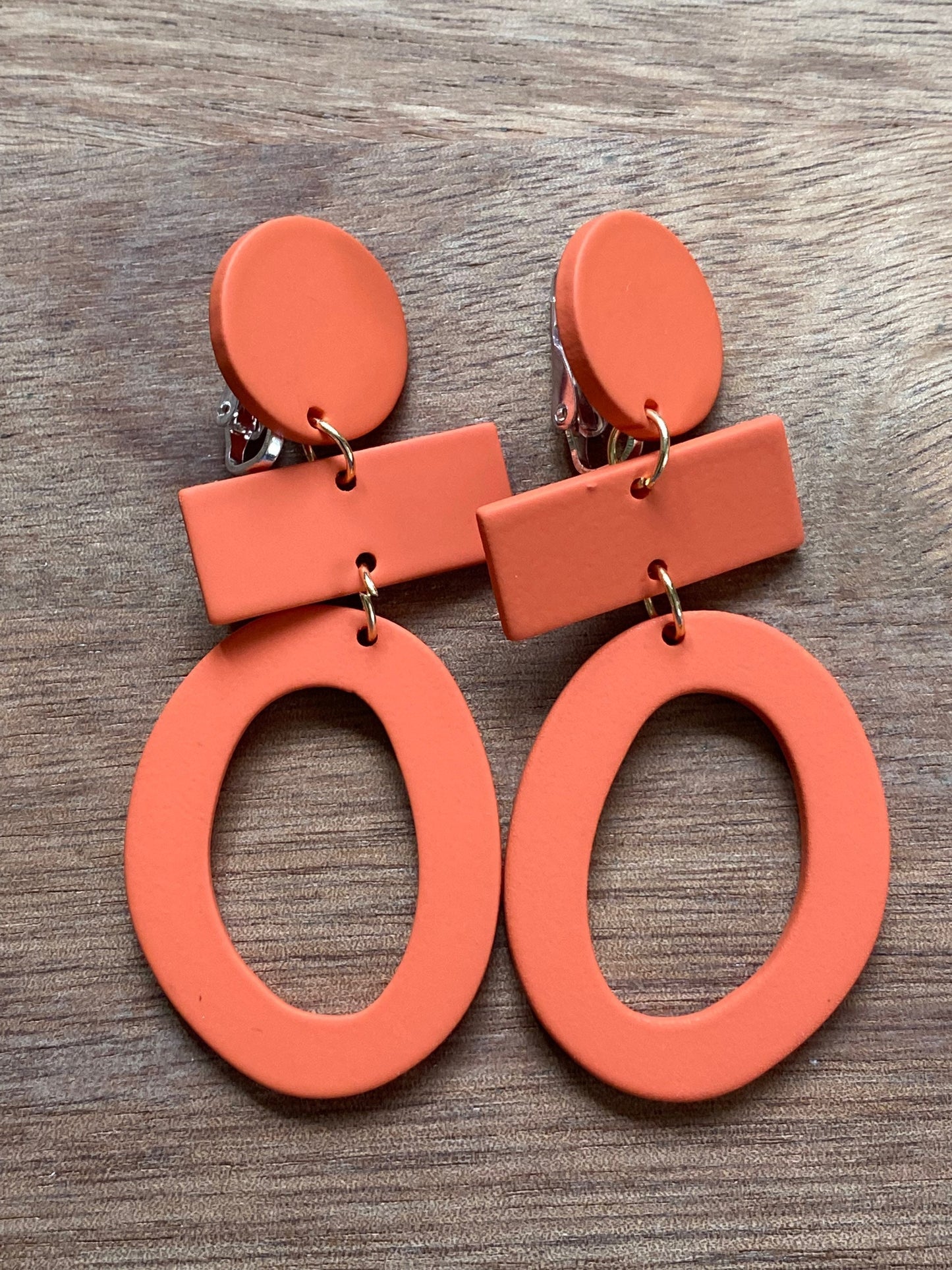 Dangling Clip on polymer clay earrings, turquoise polymer dangles, modern clay earrings, pink earrings, orange earrings