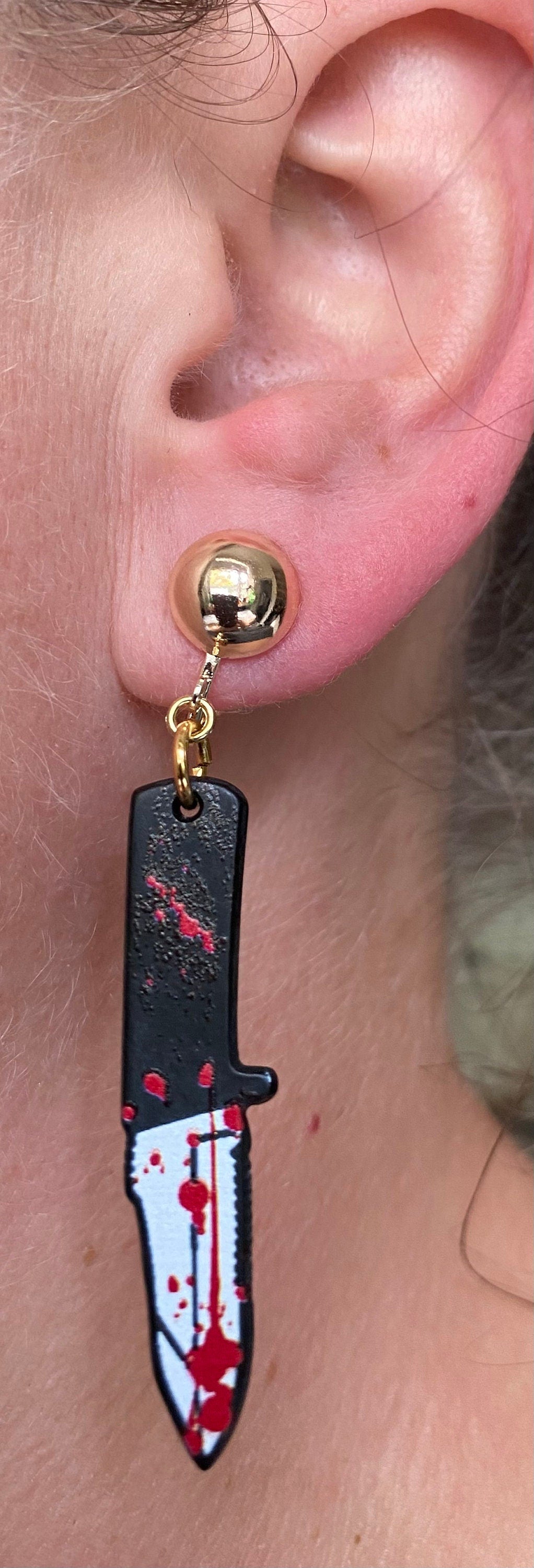 Large bloody knife clip on earrings, Halloween earrings, novelty accessories (hinged screw on closures)