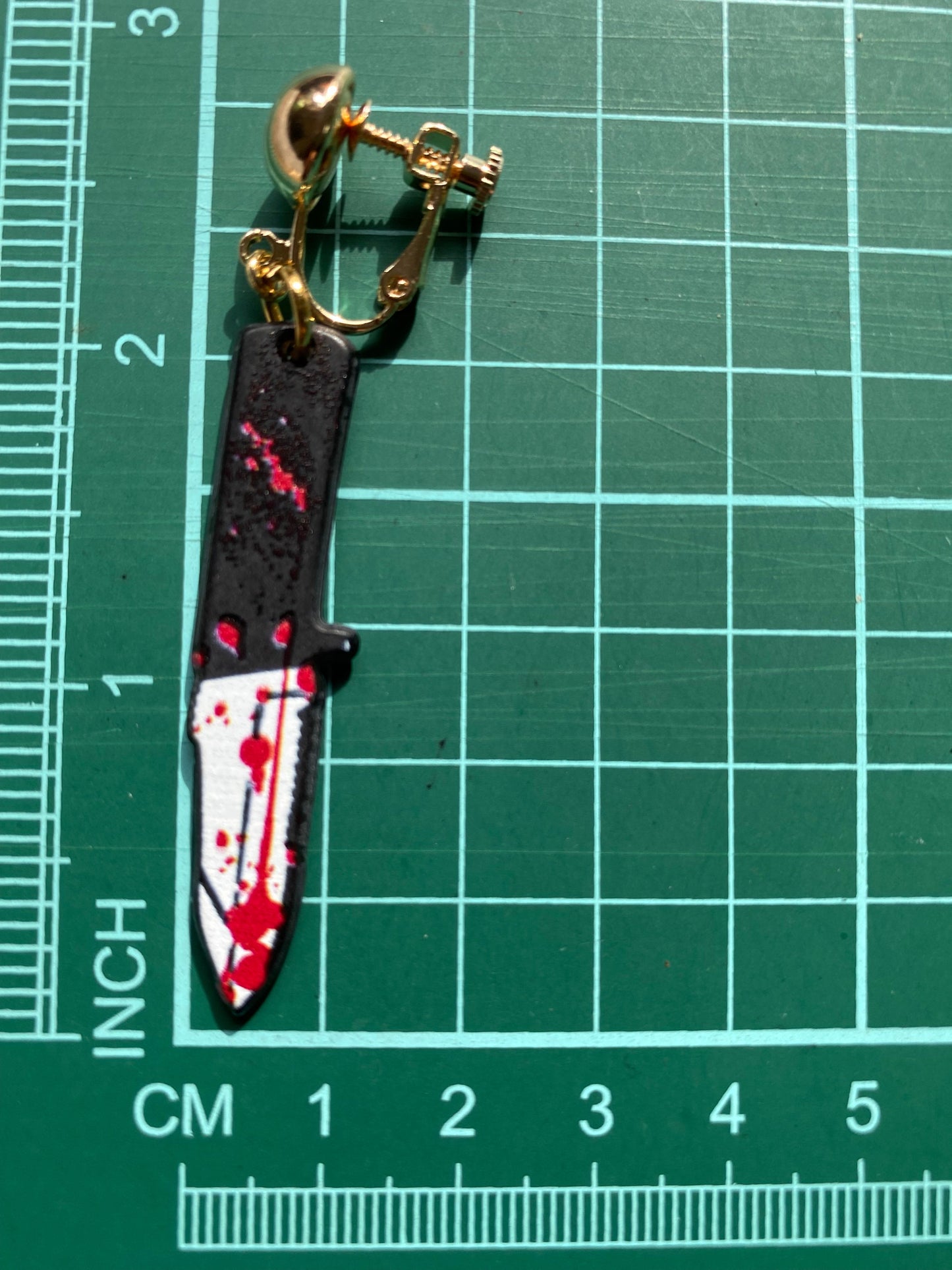 Large bloody knife clip on earrings, Halloween earrings, novelty accessories (hinged screw on closures)