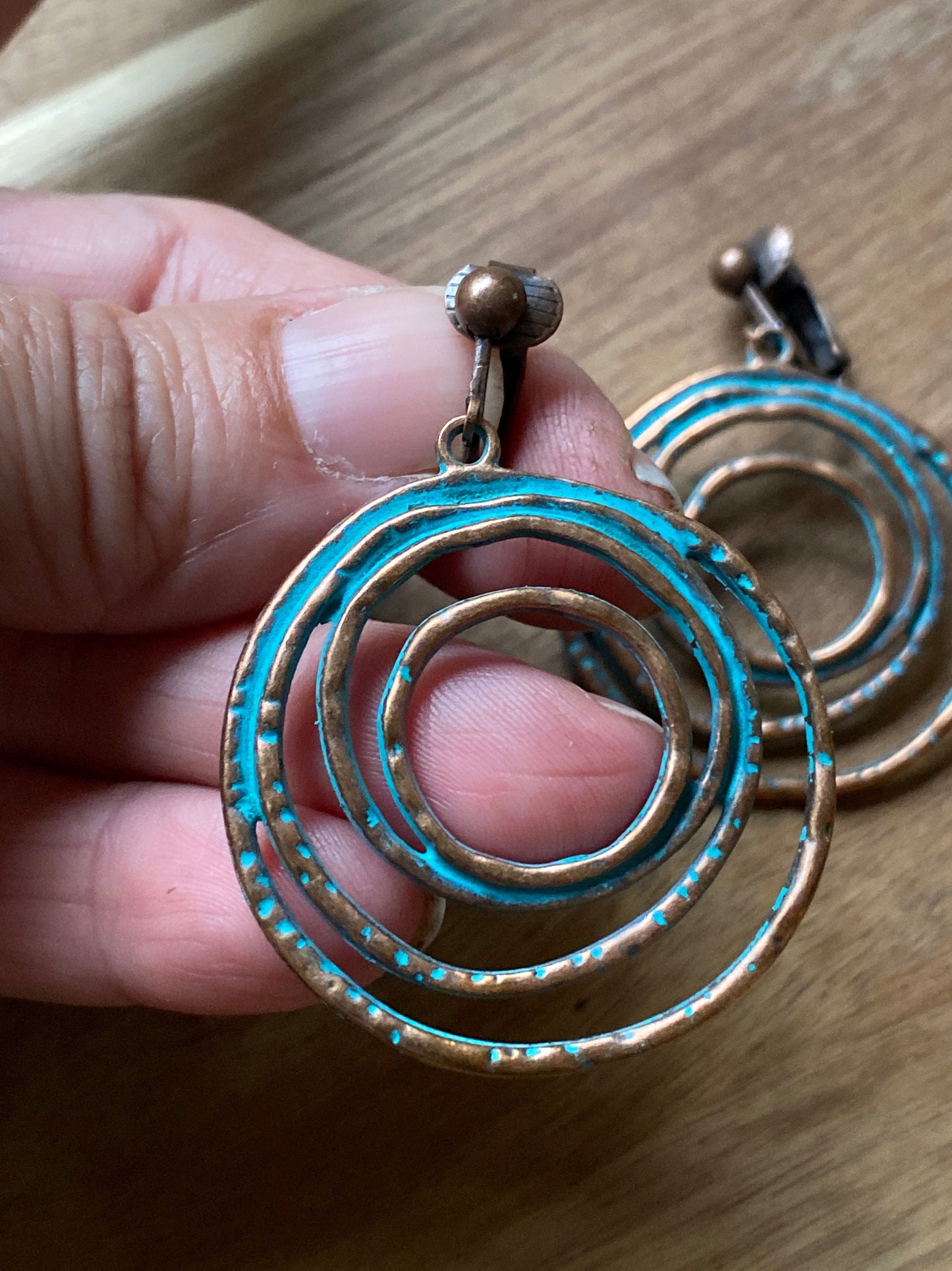 Dangling clip on copper coloured rustic hoop earring, neutral patina clip on earrings