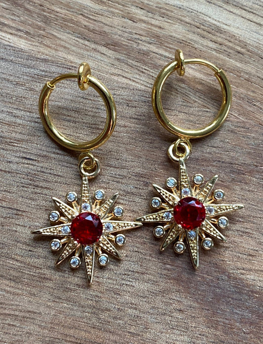 Tiniest Sparkling rhinestone star pendant clip on earrings, huggie rhinestone earrings for unpierced ears, clear or red rhinestones