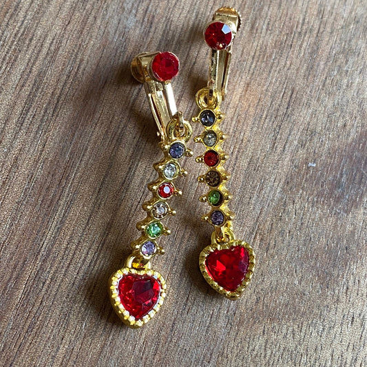 Dangling rhinestone heart screwback earrings (no piercing | clip on)