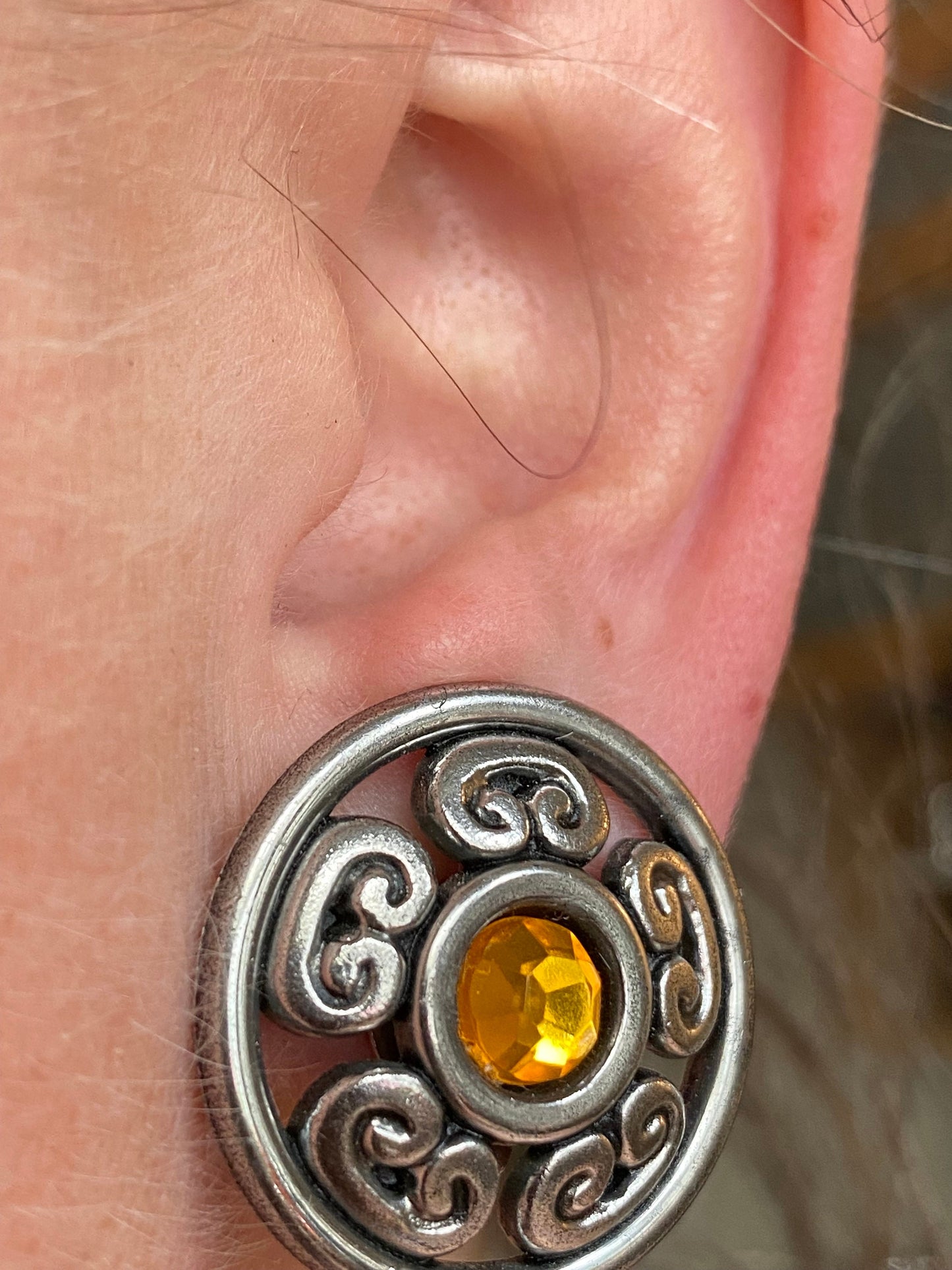 Vintage clip on orange rhinestone button earrings