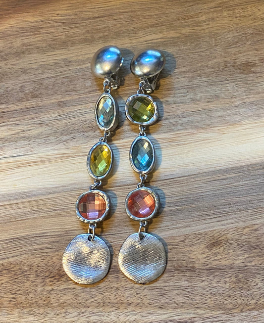 Dangling rhinestone clip on earrings, pastel rhinestone earrings