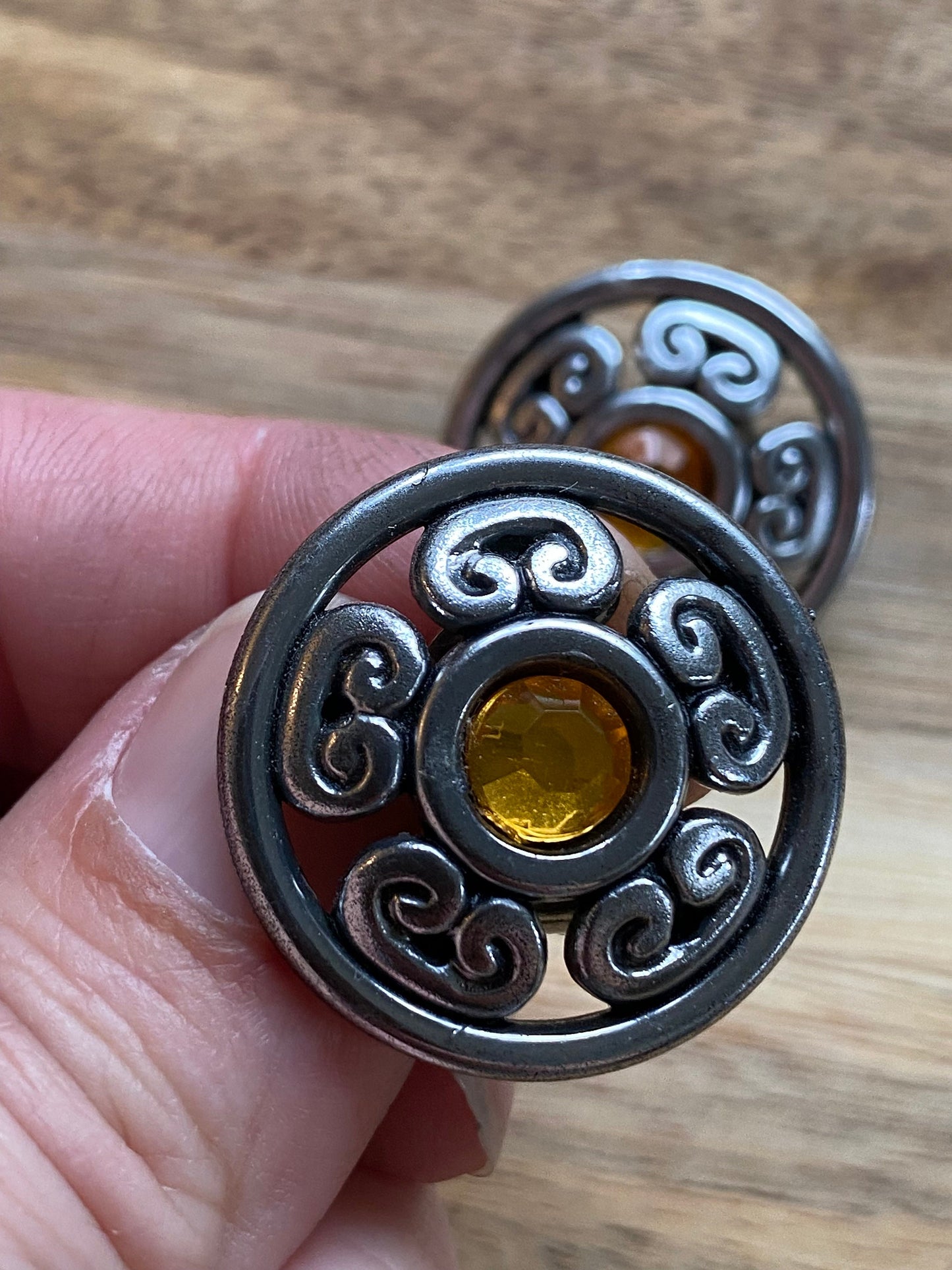 Vintage clip on orange rhinestone button earrings