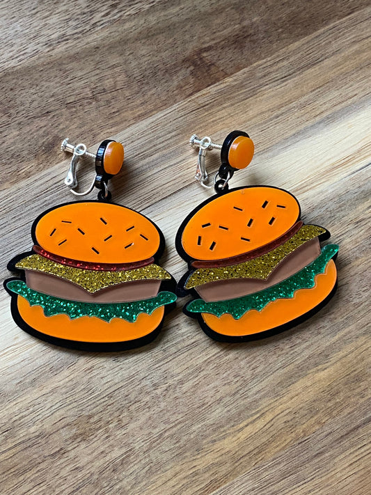 Dangling clip on hamburger earrings, screwback novelty earrings