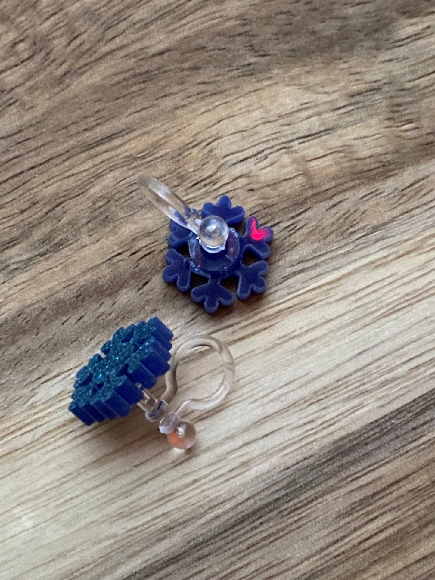 Tiniest blue glitter Christmas invisible clip on earrings, snowflake earrings, no pierce earrings for unpierced ears