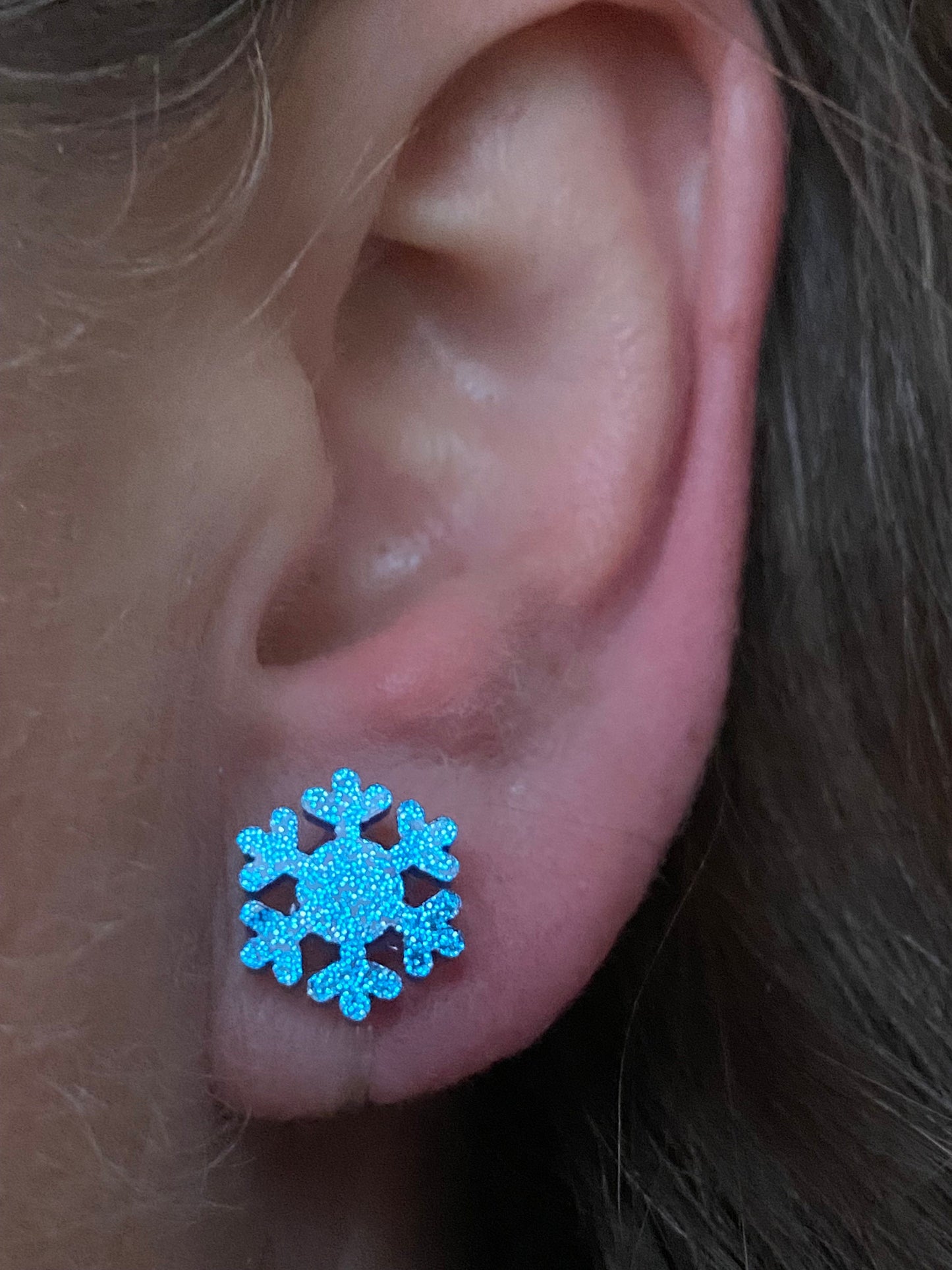 Tiniest blue glitter Christmas invisible clip on earrings, snowflake earrings, no pierce earrings for unpierced ears