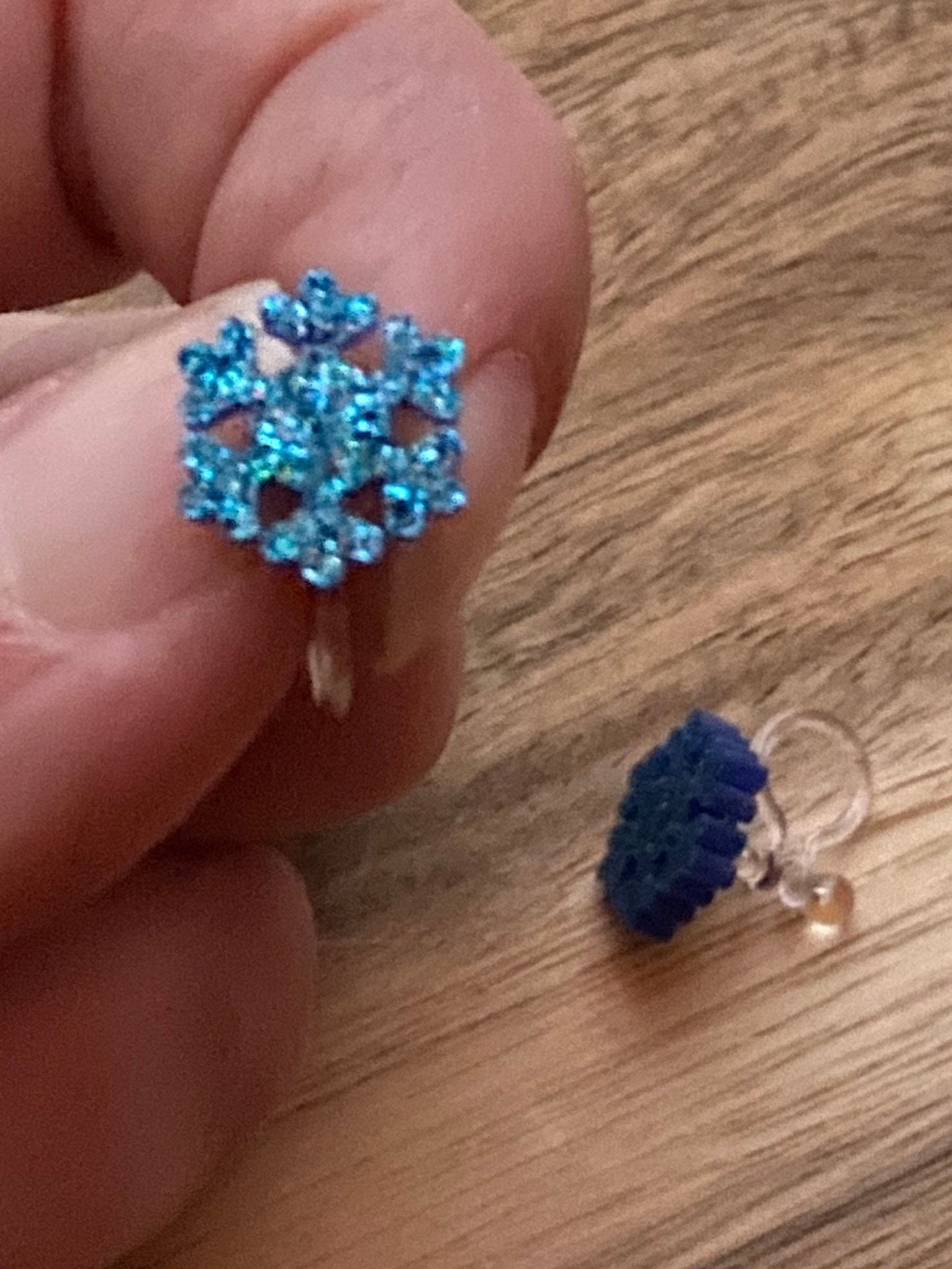 Tiniest blue glitter Christmas invisible clip on earrings, snowflake earrings, no pierce earrings for unpierced ears