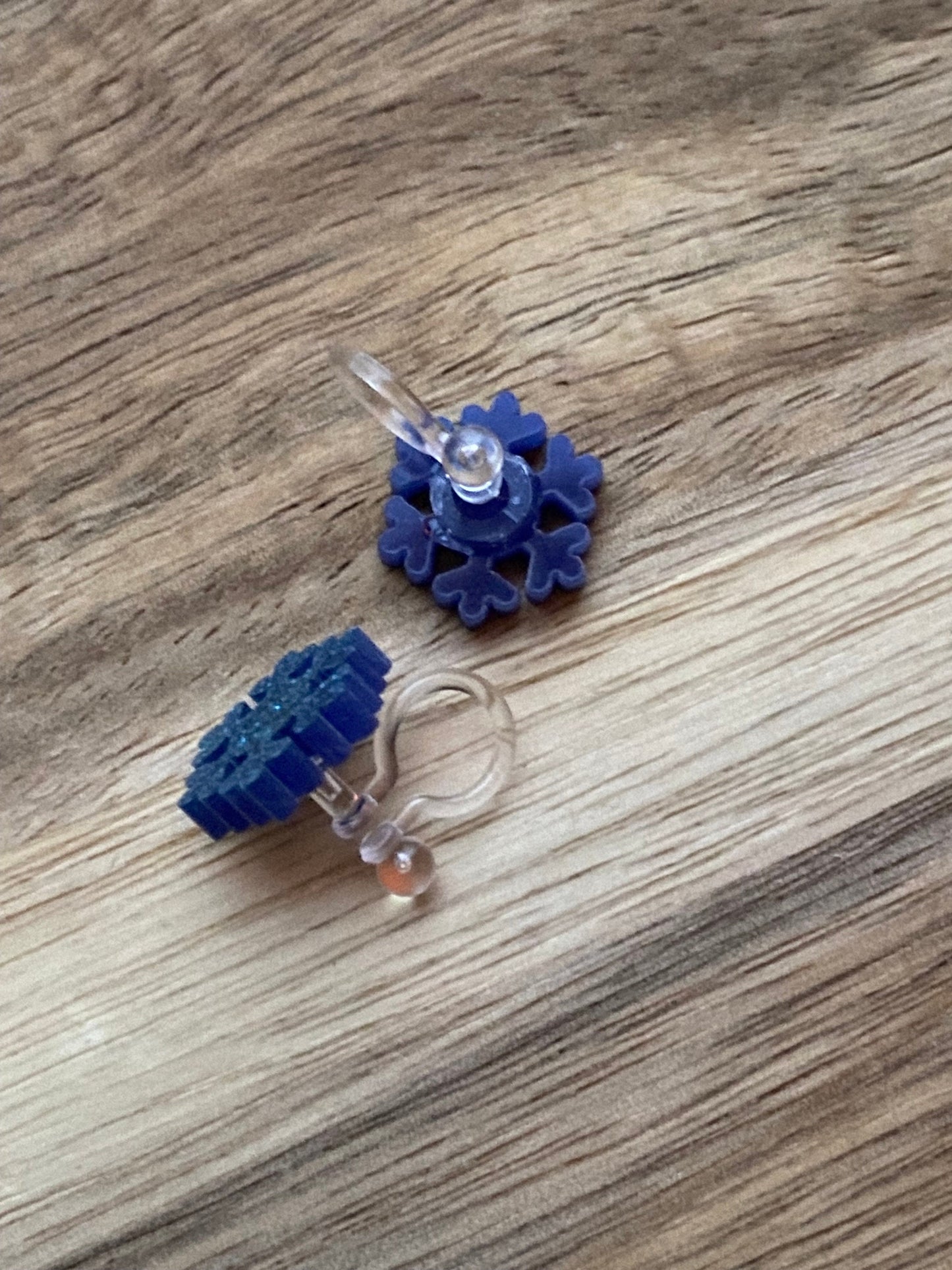 Tiniest blue glitter Christmas invisible clip on earrings, snowflake earrings, no pierce earrings for unpierced ears
