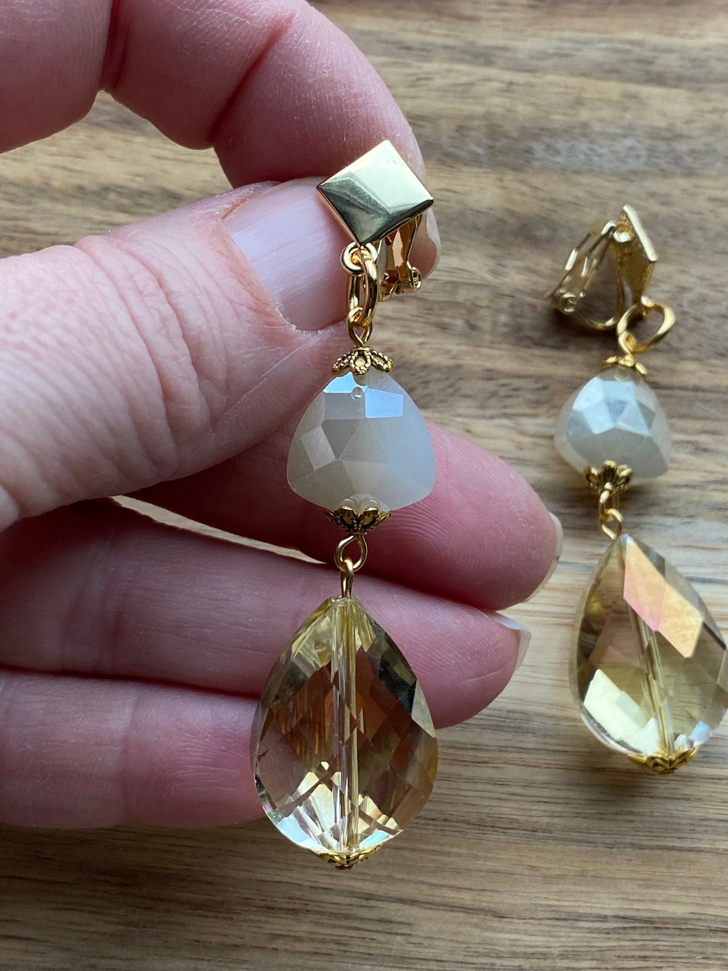 Dangling faceted white boho clip on earrings, dangling clip on beaded earrings