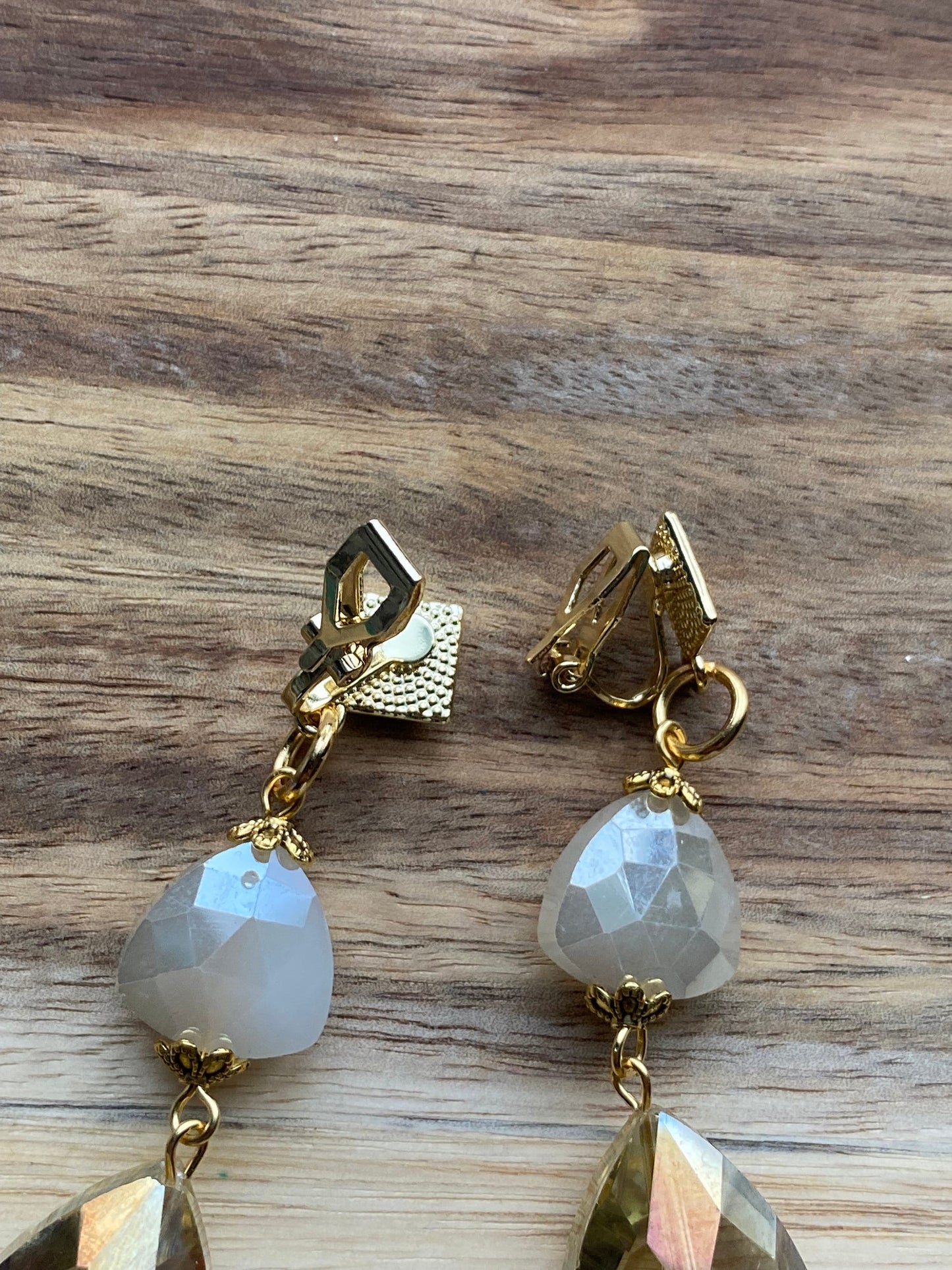 Dangling faceted white boho clip on earrings, dangling clip on beaded earrings