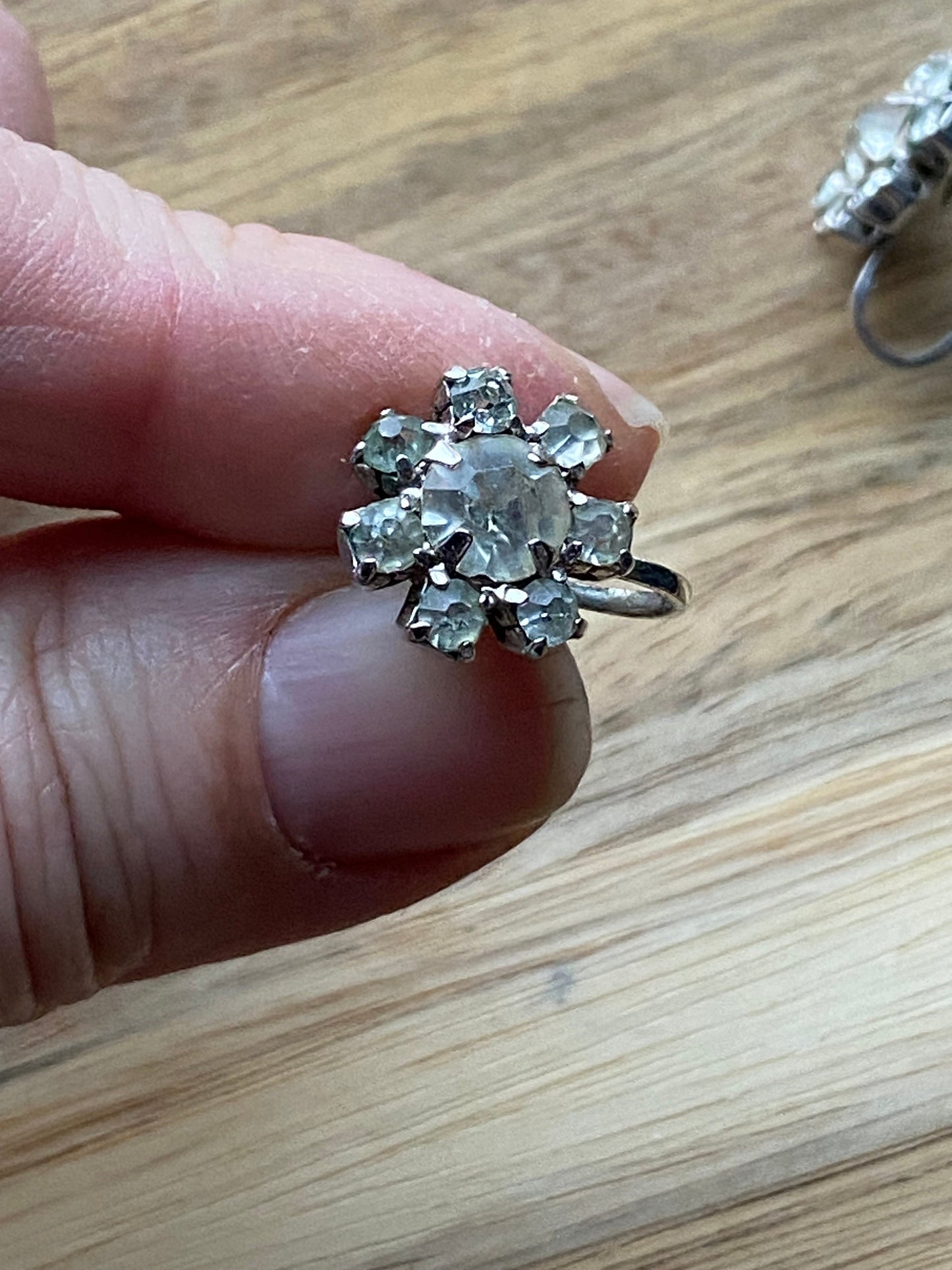 Vintage clip on clear rhinestone flower earrings, Continental screwback earrings