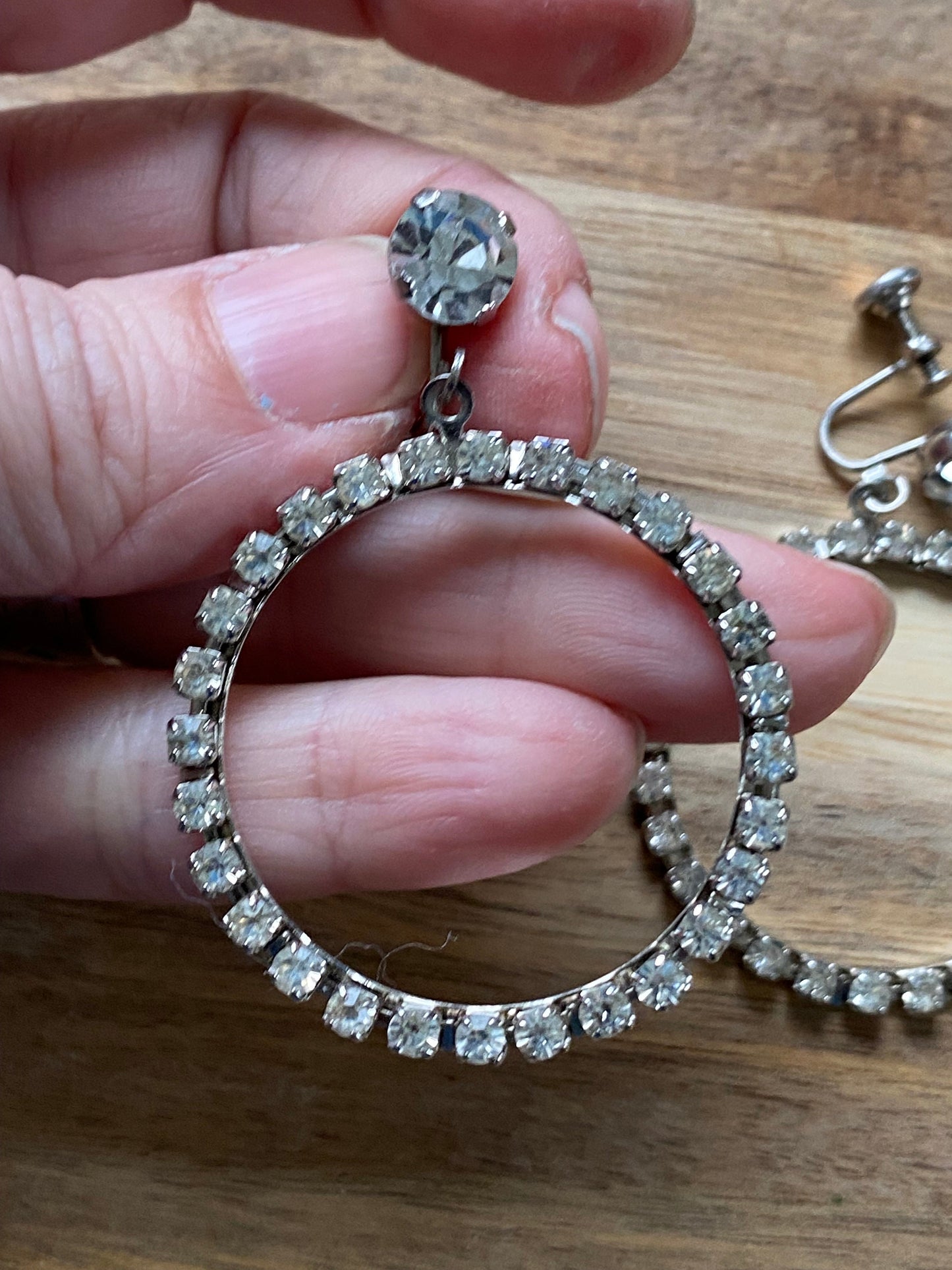 Vintage rhinestone dangling hoop clip on earrings, rhinestone screwback earrings