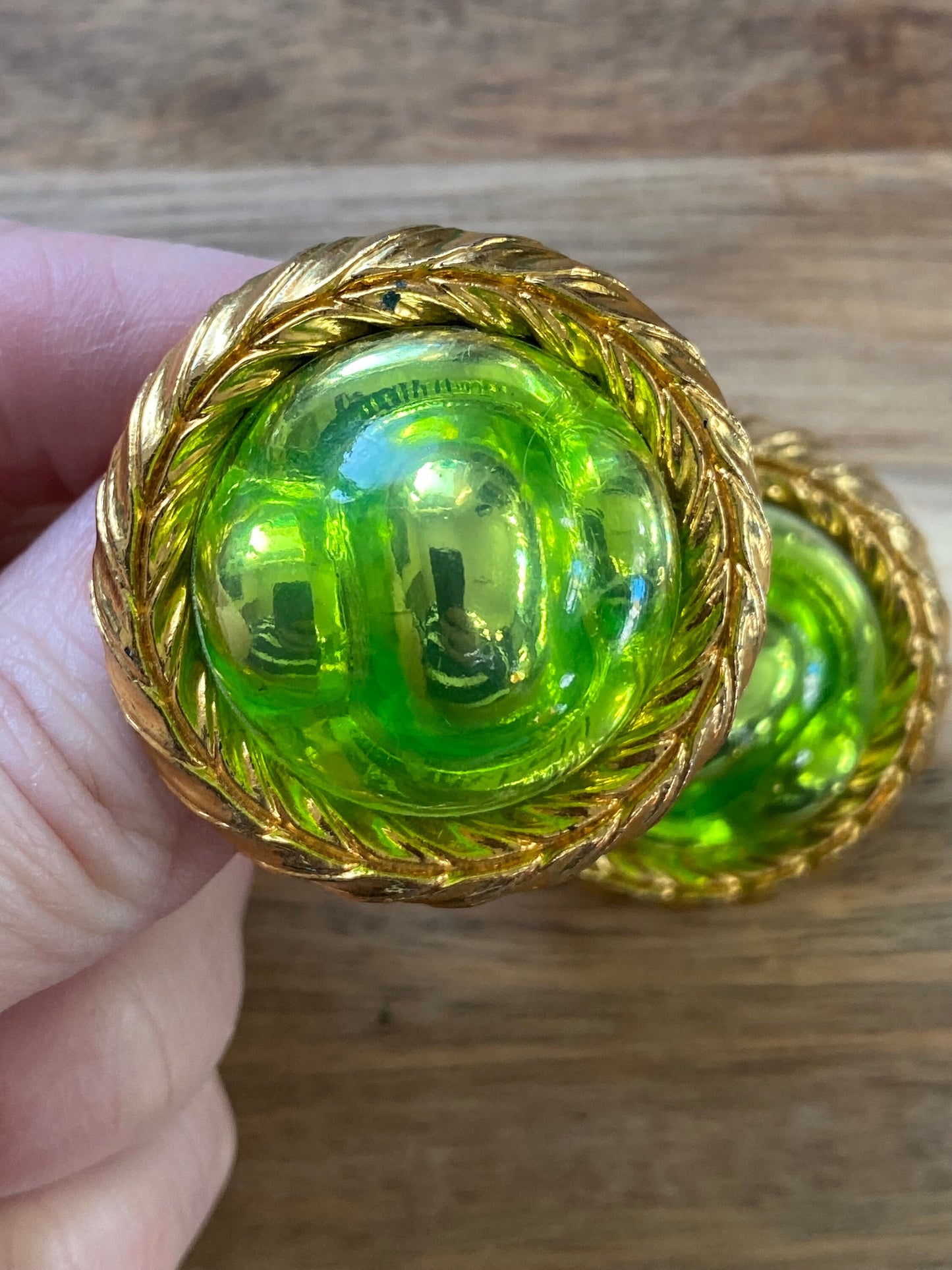 Vintage clip on giant neon green acrylic gem  earrings