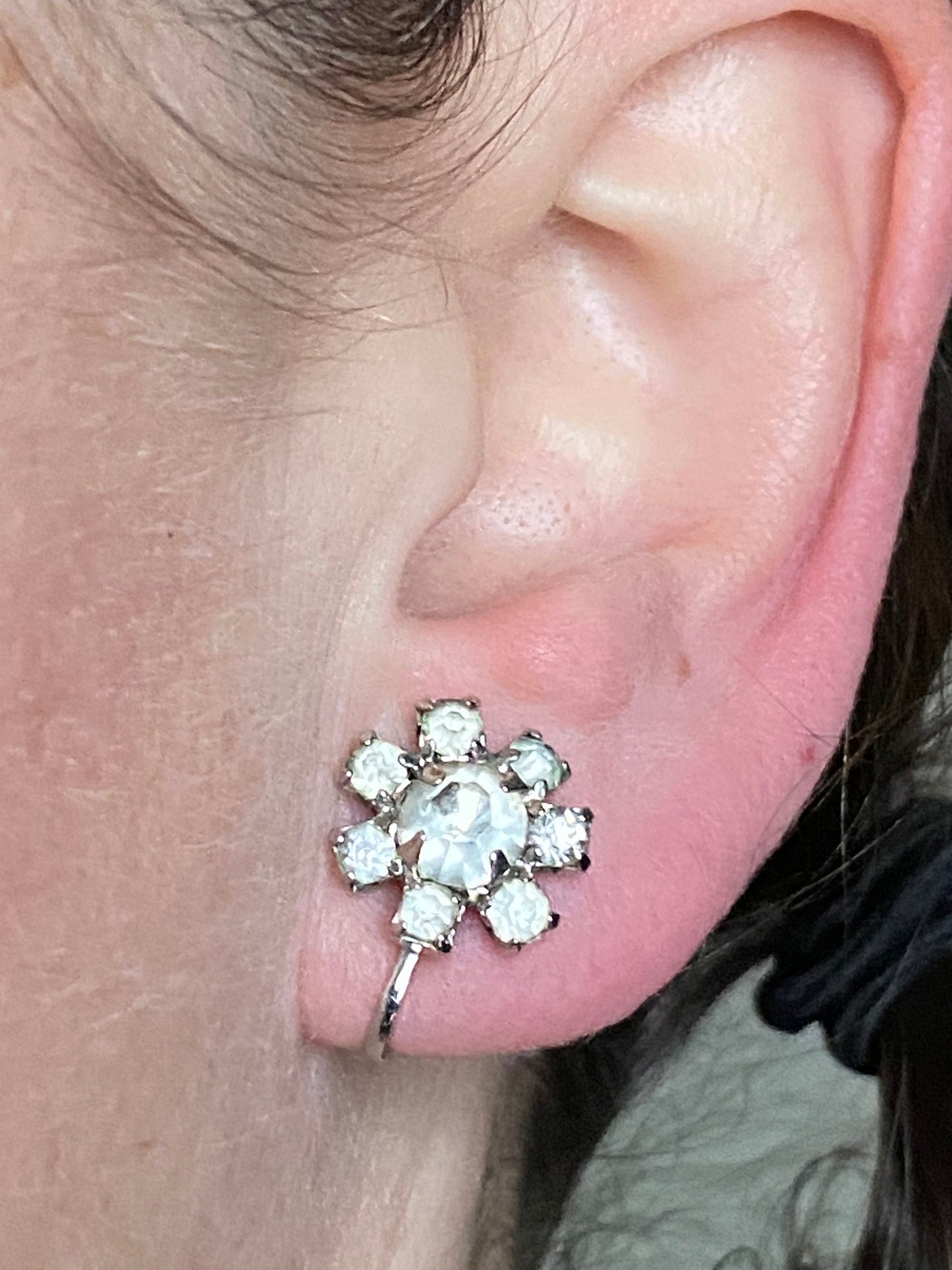 Vintage clip on clear rhinestone flower earrings, Continental screwback earrings