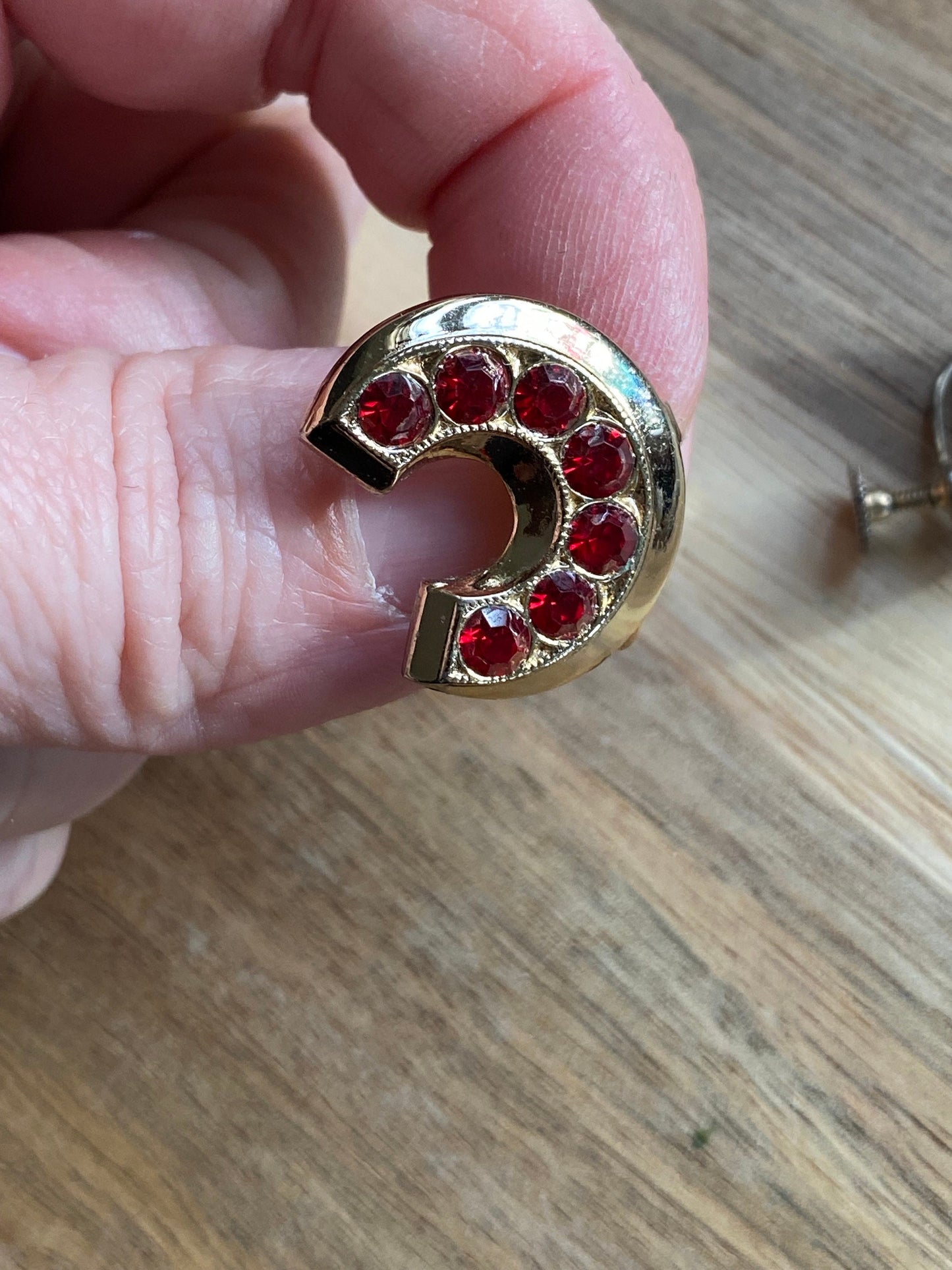 Vintage clip on red rhinestone earrings, rhinestone screwback earrings