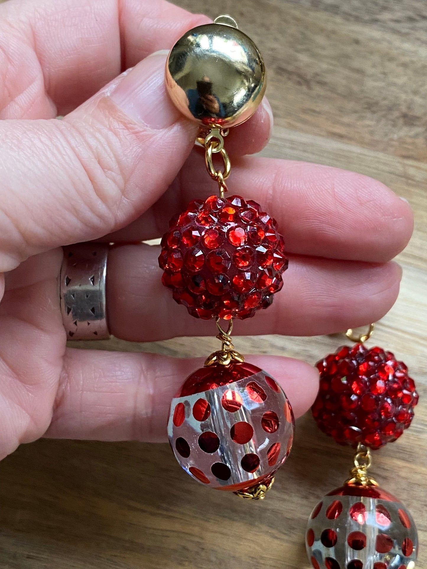 Dangling boho clip on earrings, dangling red chunky beaded earrings