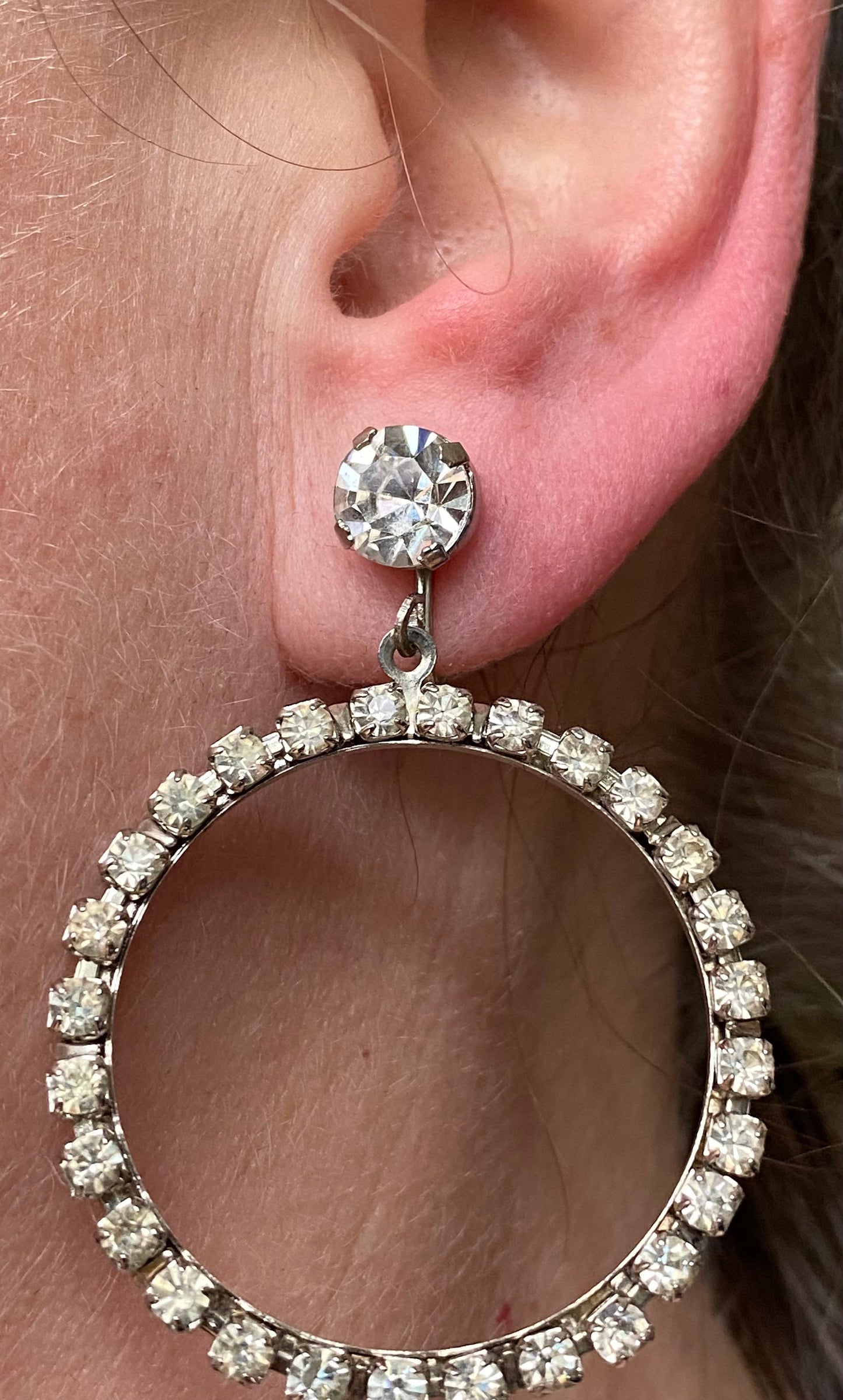Vintage rhinestone dangling hoop clip on earrings, rhinestone screwback earrings