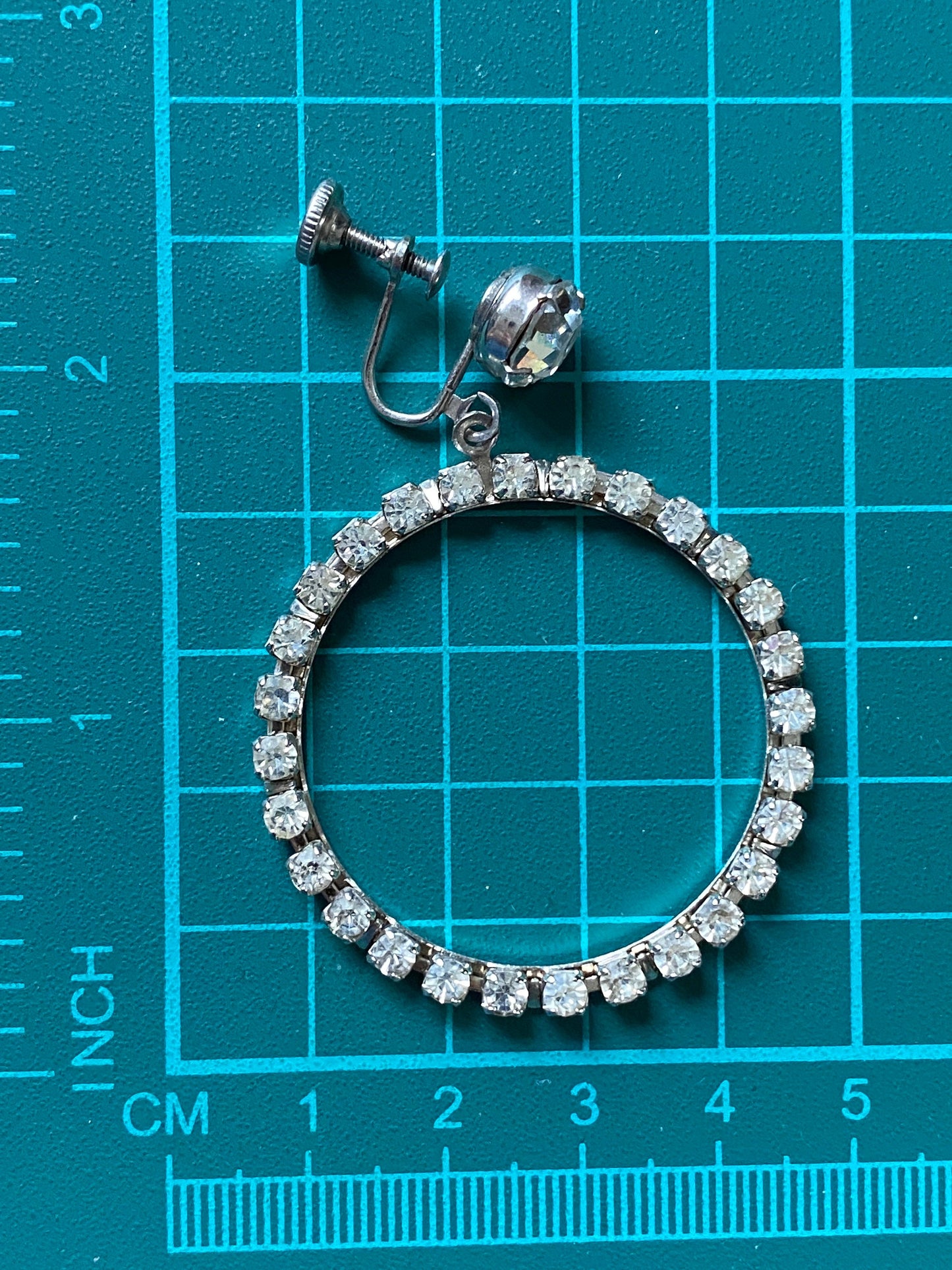 Vintage rhinestone dangling hoop clip on earrings, rhinestone screwback earrings