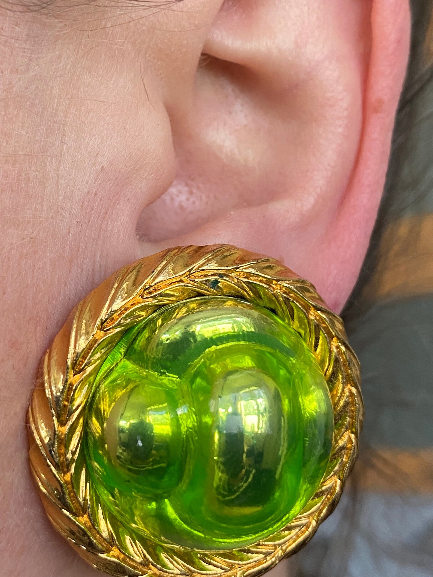 Vintage clip on giant neon green acrylic gem  earrings