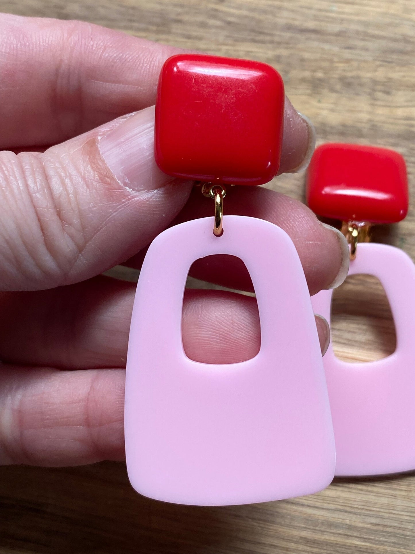 Trendy dangling orange or pink and red drop hoop clip on earrings, dangling handmade geometric earrings, clip on earrings for unpierced ears