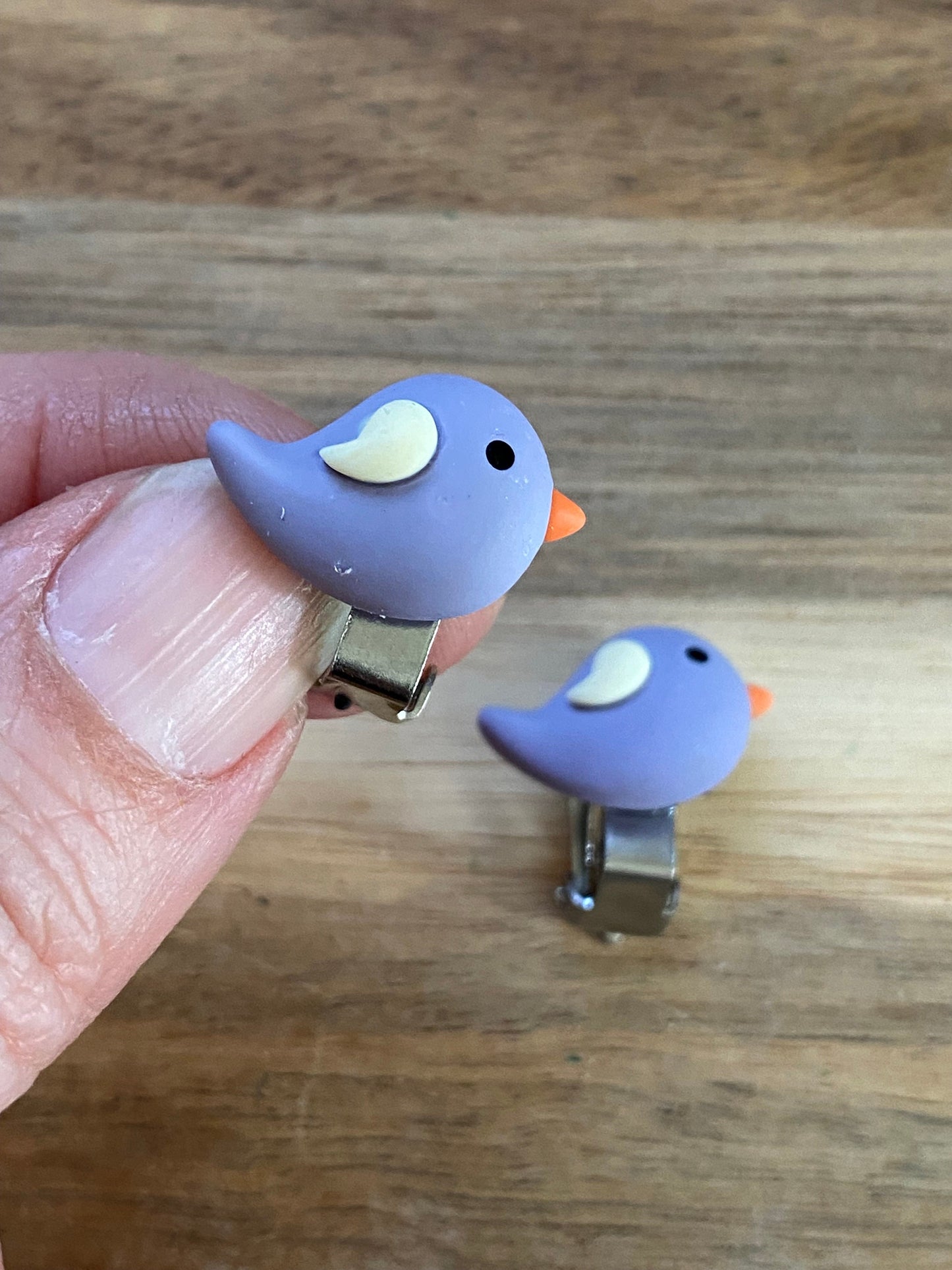 Clip on bird earrings, small purple bird ear clips