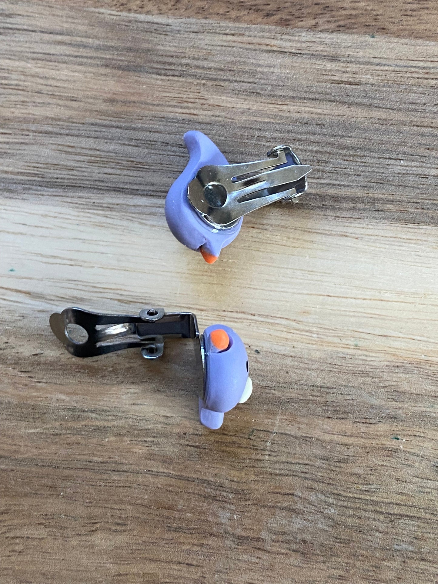 Clip on bird earrings, small purple bird ear clips