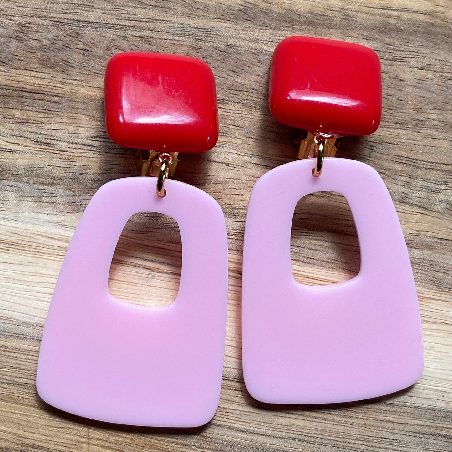 Trendy dangling orange or pink and red drop hoop clip on earrings, dangling handmade geometric earrings, clip on earrings for unpierced ears