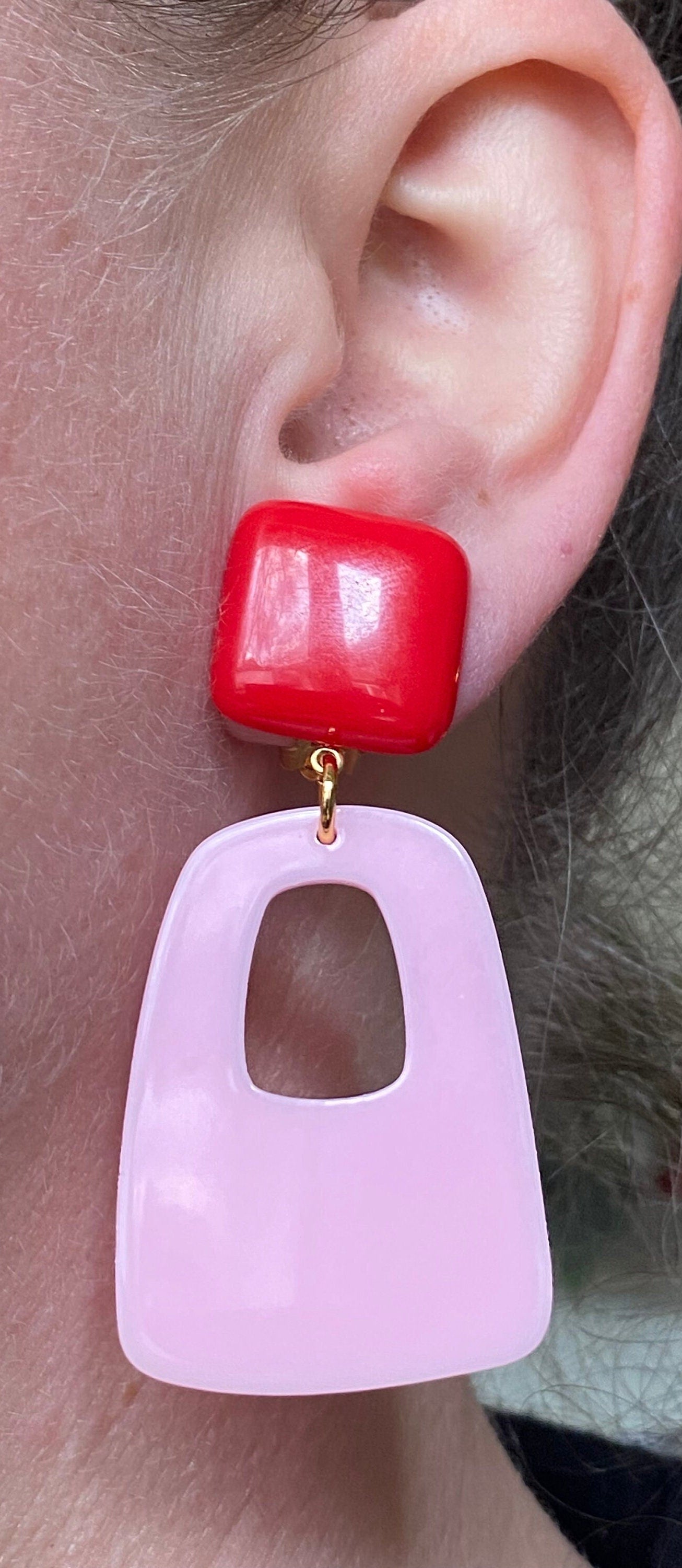 Trendy dangling orange or pink and red drop hoop clip on earrings, dangling handmade geometric earrings, clip on earrings for unpierced ears