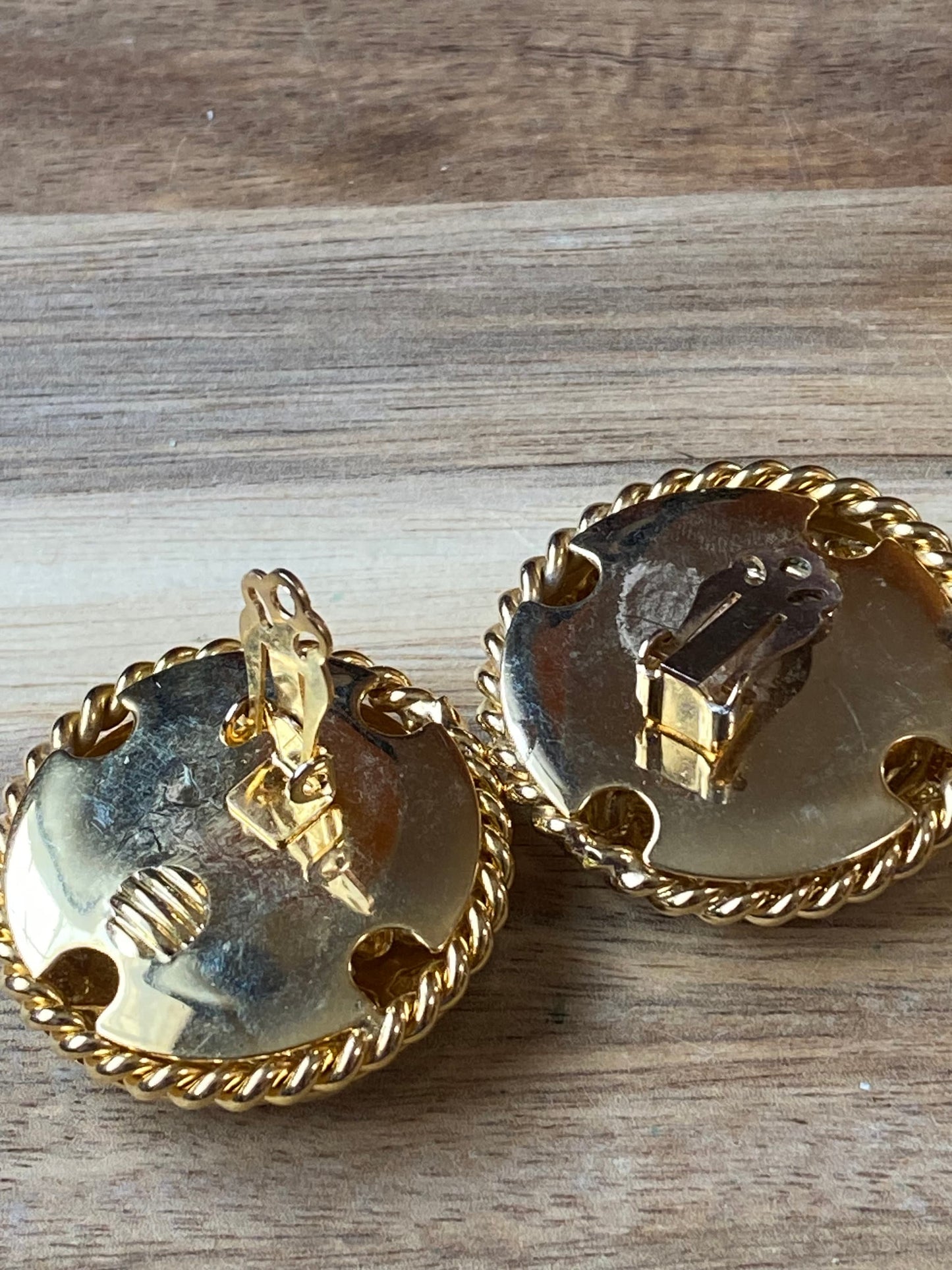 Vintage gold clip on earrings, round gold button earrings
