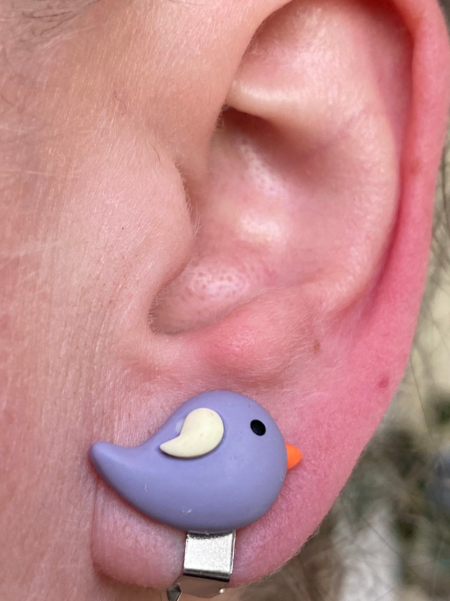 Clip on bird earrings, small purple bird ear clips