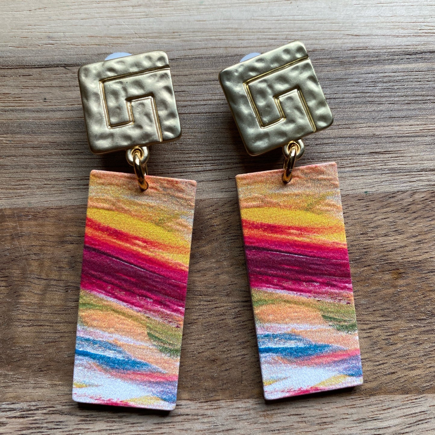 Trendy dangling plastic rectangular abstract earrings, brown sunrise, blue floral or white daisy clip on earrings