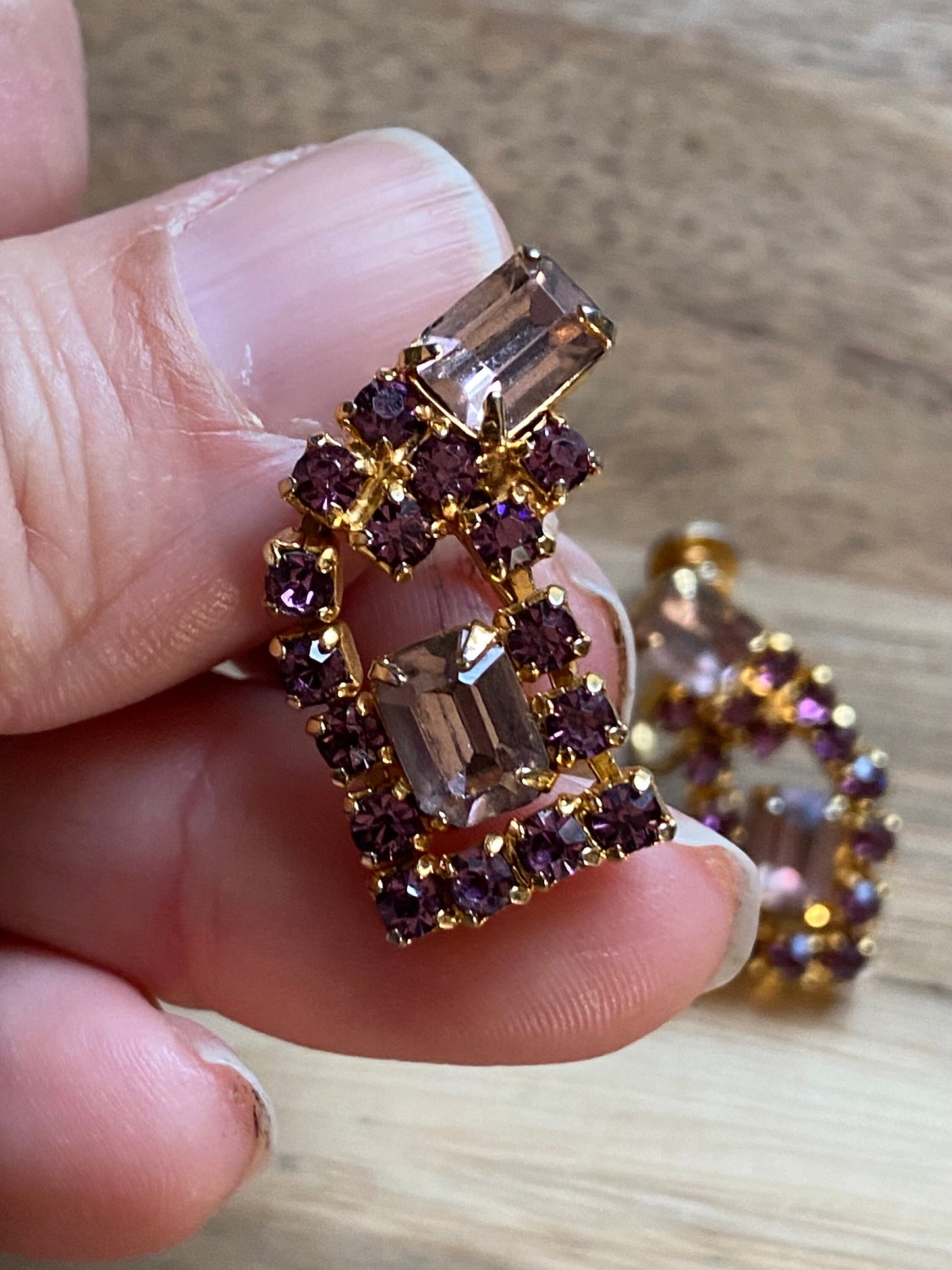 Vintage Continental Violet rhinestone clip on earrings, purple screwback earrings for unpierced ears